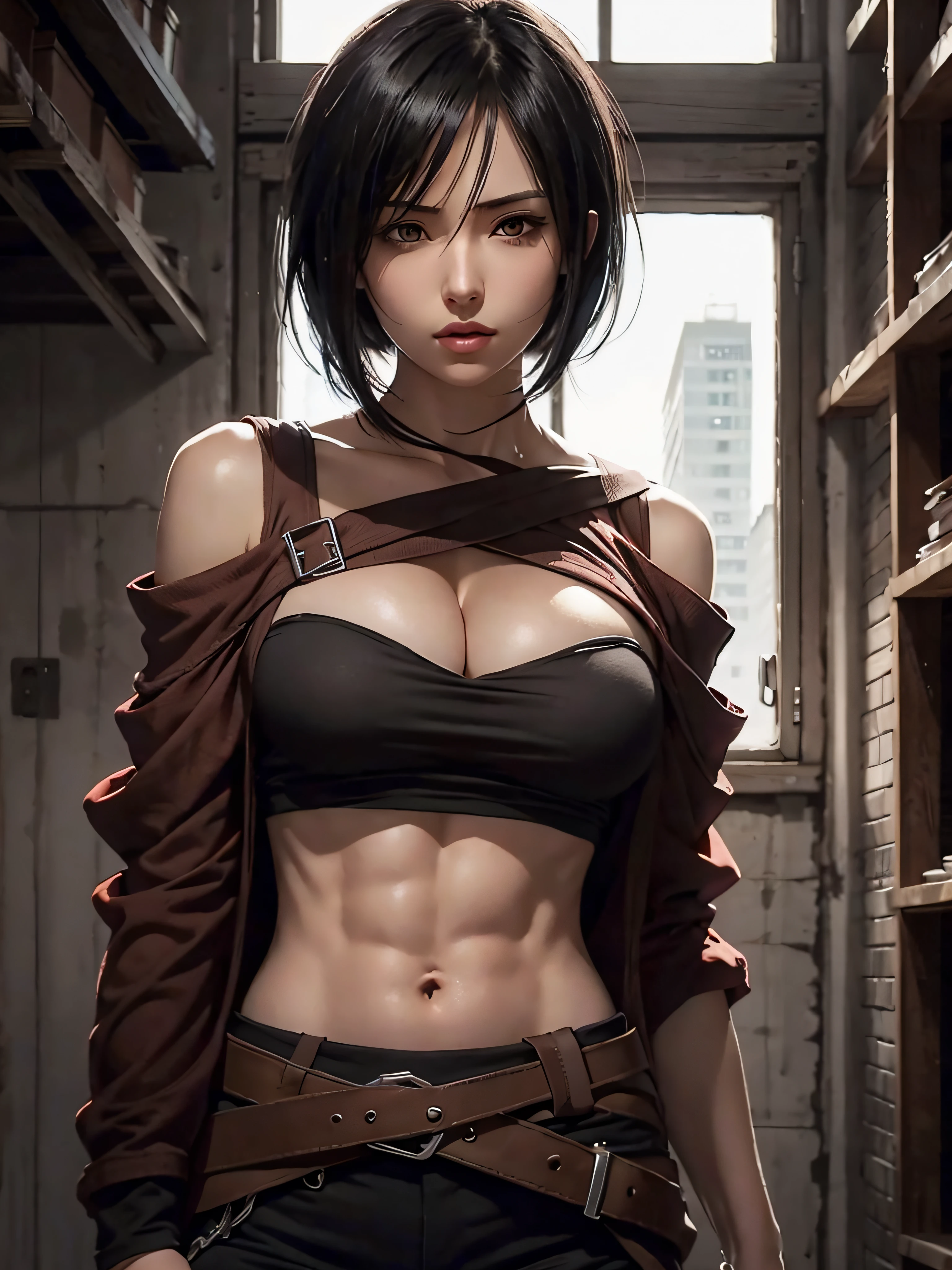 Mikasa_ackerman，solo person，byself，Off-the-shoulder clothing，muscline，cleavage，nabel，open waist，Abs，Vest line，Off-the-shoulder attire，