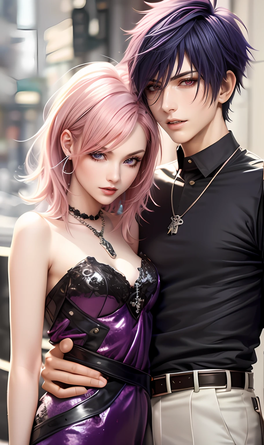 masterpiece, top-quality, 2Others, Male and female couples, 1 man and 1,, Adults, Height difference, different color, finely eye and detailed face, intricate detailes, Casual clothing, window, A smile, Happiness, tenderness, husband and wife, high-level image quality、 selfee, Beautiful men and women、tall、The upper part of the body、nightfall、Hand in hand, nighttime scene、𝓡𝓸𝓶𝓪𝓷𝓽𝓲𝓬、Korea person, Idol Photos, k pop, Professional Photos, Vampires, Korean fashion in black and white, Fedoman with necklace, inspired by Sim Sa-jeong, androgynous vampire, :9 detailed face: 8, extra detailed face, detailed punk hair, ((eyes are brown)) baggy eyes, Seductive. Highly detailed, semi realistic anime, Vampires, hyperrealistic , delicate androgynous prince, imvu, short hair above the ears, Man with short hair, Woman with long hair, With a purple-haired man with a wild expression, Pink hair woman with gentle expression, ((With a short-haired man with bright purple hair)), ((Woman with long pink hair below waist))