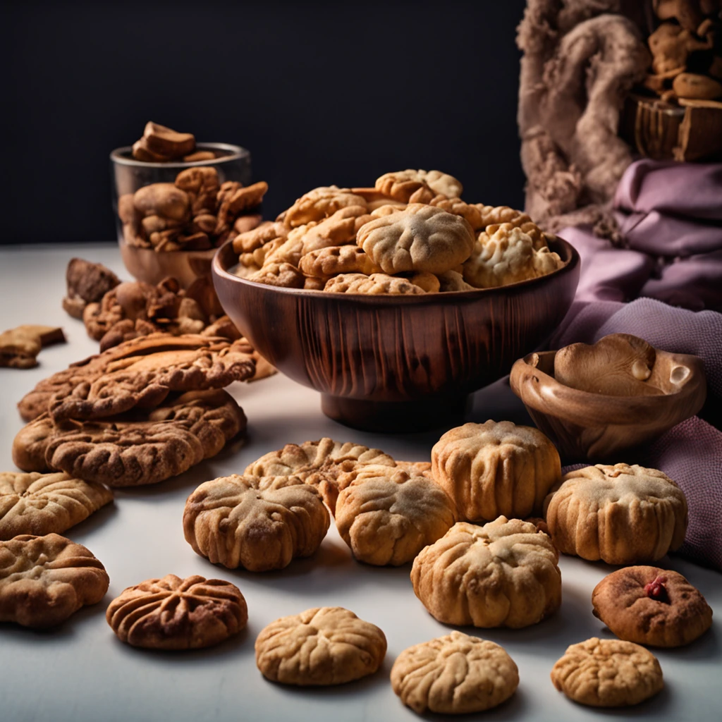 a wooden bowl filled with delicius cookies on top of a table, a still life by Jean-Pierre Norblin de La Gourdaine, featured on cg society, art photography, photo taken with ektachrome, photo taken with nikon d750, macro photography