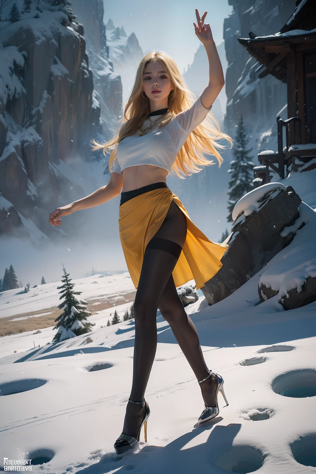(full body:1.5)，(1girl:1.3),(view the viewer:1.4)，(anatomy correct:1.4),(Opaque pantyhose and pointed thick heels :1.3),(Dancing on the top of a snowy mountain:1.2),(Wearing a Indian style high waisted skirt:1.2),(Long blonde hair:1.2),(Accurate and perfect face:1.3),(Long legs:1.3),hyper HD, Ray traching, reflective light， structurally correct, Award-Awarded, high detail, lighten shade contrast, Face lighting ，cinematic lighting, masterpiece, super detailing, high quality, high detail, best quality, 16k，High contrast,