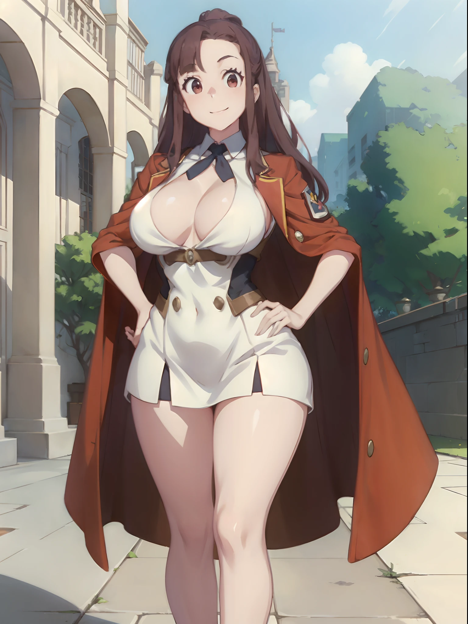 "Kagari Atsuko, a confident and stunning 1girl, stands tall in a WW2 American army uniform. Her beautiful brown eyes sparkle with determination, complementing her stylish brown hair. With a radiant smile and her hand on her hip, she exudes a sense of power and grace. Her voluptuous figure, with fit and toned physique, accentuates her curvaceousness, boasting large breasts and wide hips."