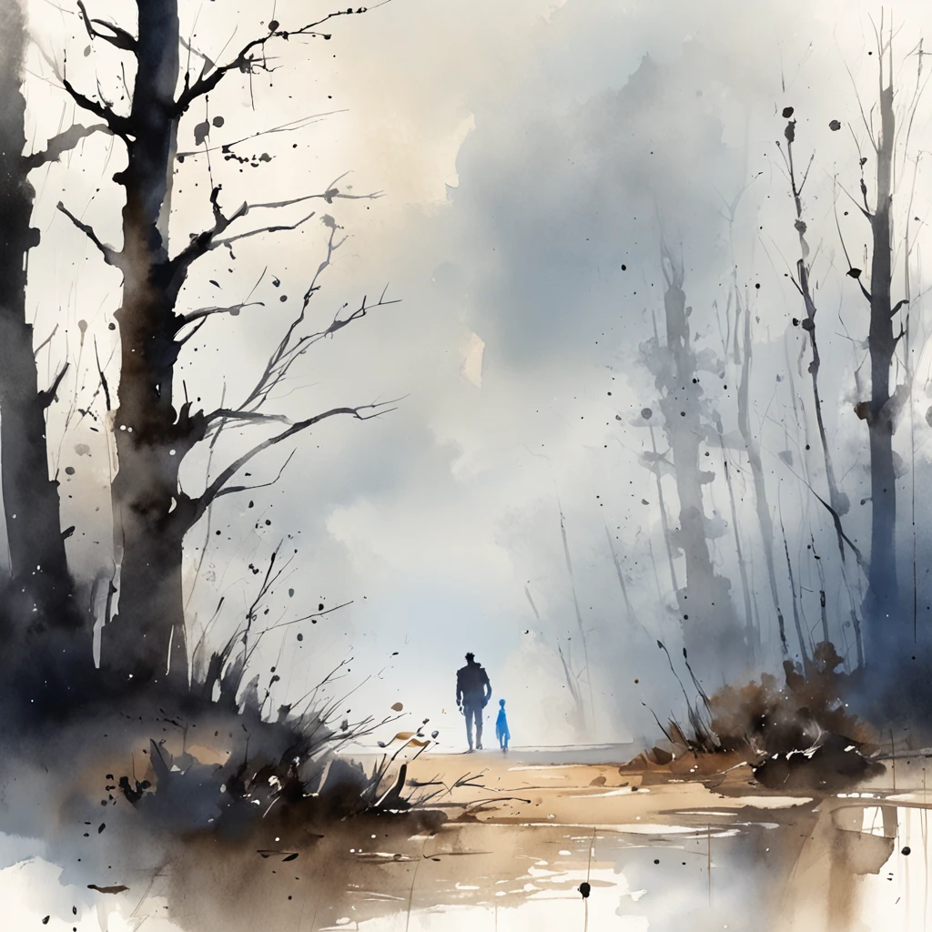 Two crows on a dead tree, A shadow shaped like a walker, Starry night, Thick fog on the ground, Blue light on the horizon, Unreal Engine 5, Cinematic, low angle photography, Motion blur, Depth of field, Dust, Cobblestones and dirt. Splash Art, dripping paint. Perfect color grading. Influenced by Karel Appel and Jeremy Mann, Full of dramatic and threatening scenes, Hyper-detailed, Beautiful, insanely details, Intricate details, editorial photography, shot with a 50mm lens, Depth of field, Tilt Blur, Shutter speed 1/1000, f/22. Lightmaps, Super bright