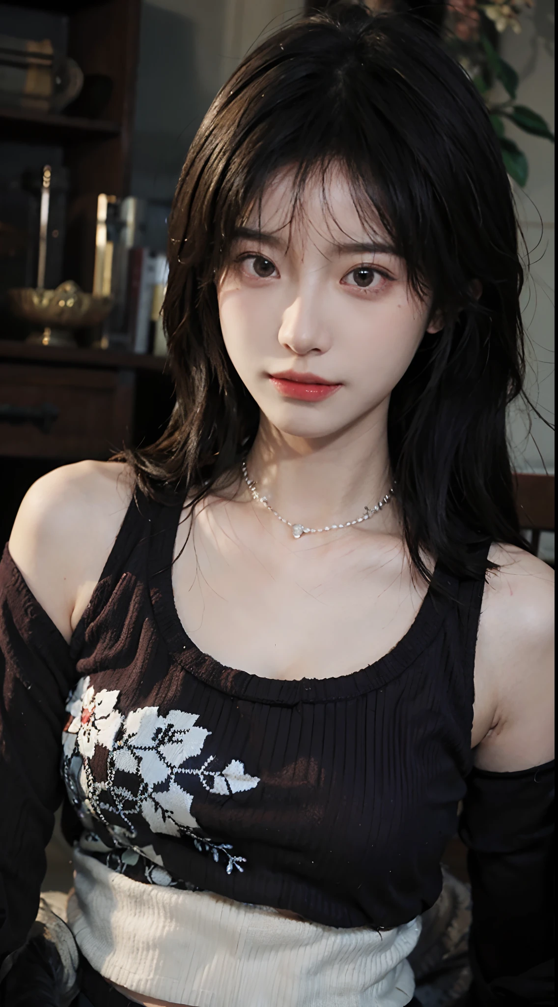 real, RAW photo, extremely delicate and beautiful, masterpiece, Best Quality, ultra high resolution, 32k, hyperrealistic, ultra-detailed, in her 20s, delicate facial features, tearful mole, earring, big breasts, closeup shot, shorter middle hair, black hair, short pencil skirt, black shirt, collared dress shirt, sleeveless, topless, best quality, ultra high res, (photorealistic:1.4), pretty girl, tanktop black shirt, black tight skirt, black choker, (faded ash gray hair:1), medium breasts, looking at viewer, closeup, (pretty face) , southeast asia girl, (RAW photo, best quality,high quality,highres), (realistic, photo-realistic), ultra-detailed,(front lighting)