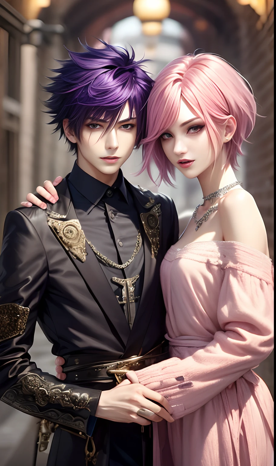 masterpiece, top-quality, 2Others, Male and female couples, 1 man and 1,, Adults, Height difference, different color, finely eye and detailed face, intricate detailes, Casual clothing, window, A smile, Happiness, tenderness, husband and wife, high-level image quality、 selfee, Beautiful men and women、tall、The upper part of the body、nightfall、Hand in hand, nighttime scene、𝓡𝓸𝓶𝓪𝓷𝓽𝓲𝓬、Korea person, Idol Photos, k pop, Professional Photos, Vampires, Korean fashion in black and white, Fedoman with necklace, inspired by Sim Sa-jeong, androgynous vampire, :9 detailed face: 8, extra detailed face, detailed punk hair, ((eyes are brown)) baggy eyes, Seductive. Highly detailed, semi realistic anime, Vampires, hyperrealistic teen, delicate androgynous prince, imvu, short hair above the ears, Man with short hair, Woman with long hair, With a purple-haired man with a wild expression, Pink hair woman with gentle expression, ((With a short-haired man with bright purple hair)), ((Woman with long pink hair below waist))