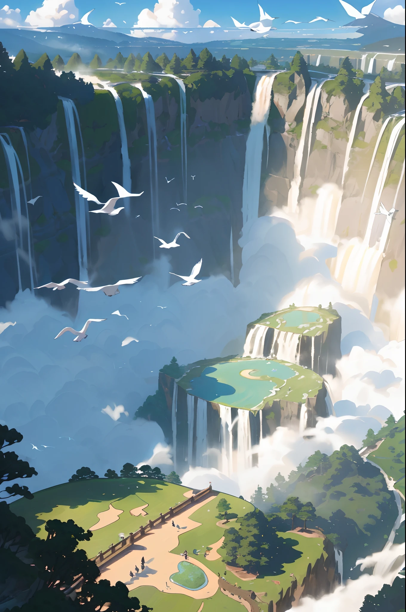 Flying on the cliff, above the very high waterfall, look down on the fluctuating pond, high sunlight, blue sky, white cloud, birds, forest, trees, 8K, masterpiece, best quality, high resolution, extremely full detailed