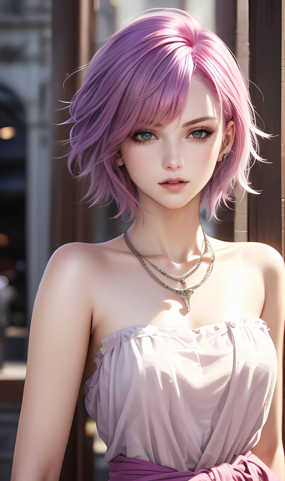 ​masterpiece, top-quality, 2Others, Male and female couples, 1 man and 1,, Adults, Height difference, different color, finely eye and detailed face, intricate detailes, Casual clothing, window, A smile, Happiness, tenderness, husband and wife, high-level image quality、 selfee, Beautiful men and women、tall、The upper part of the body、nightfall、Hand in hand, nighttime scene、𝓡𝓸𝓶𝓪𝓷𝓽𝓲𝓬、Korea person, Idol Photos, k pop, Professional Photos, Vampires, Korean fashion in black and white, Fedoman with necklace, inspired by Sim Sa-jeong, androgynous vampire, :9 detailed face: 8, extra detailed face, detailed punk hair, ((eyes are brown)) baggy eyes, Seductive. Highly detailed, semi realistic anime, Vampires, hyperrealistic teen, delicate androgynous prince, imvu, short hair above the ears, Man with short hair, Woman with long hair, With a purple-haired man with a wild expression, Pink hair woman with gentle expression, ((With a short-haired man with bright purple hair)), ((Woman with long pink hair below waist))