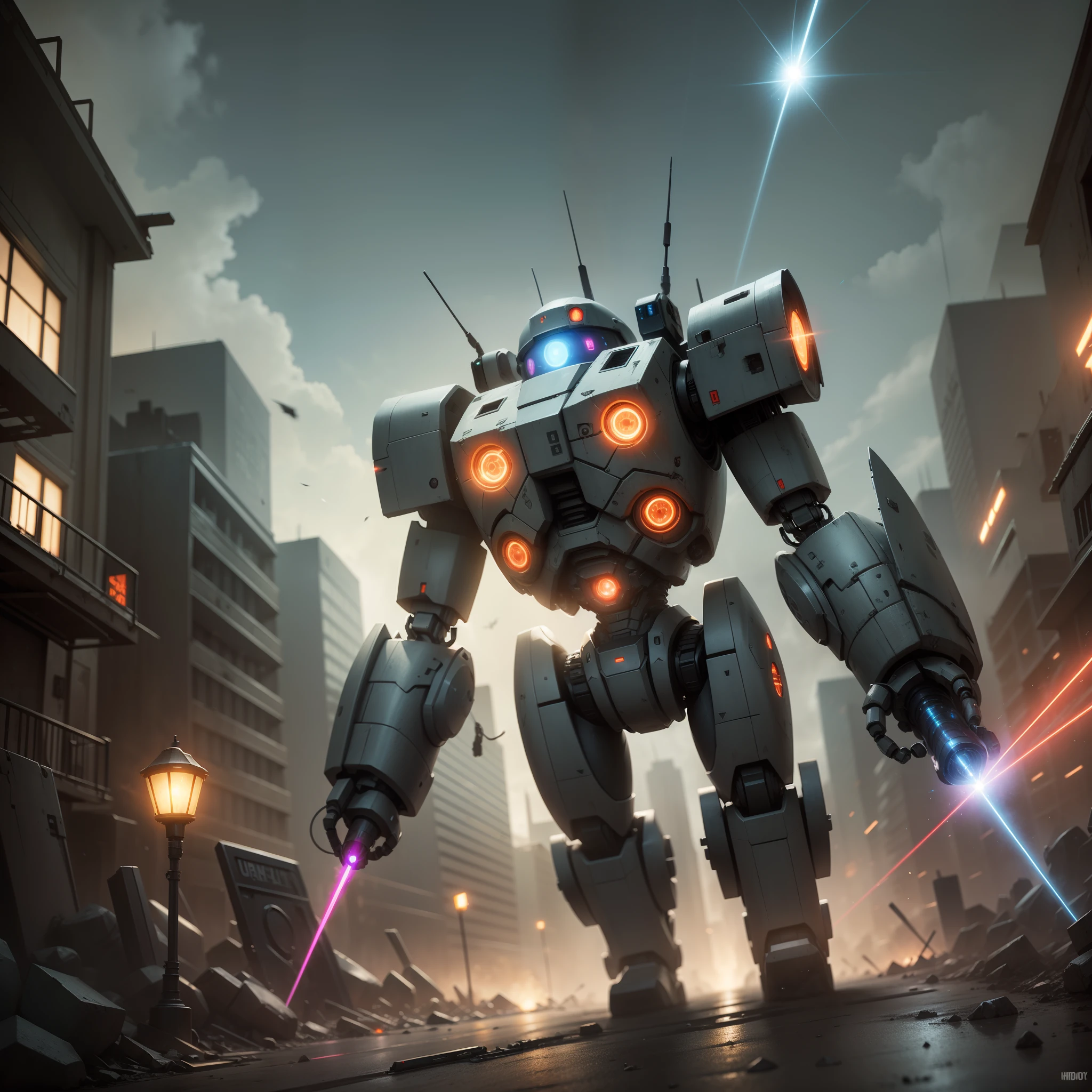 A robot full of weapons with laser sights in a dark city