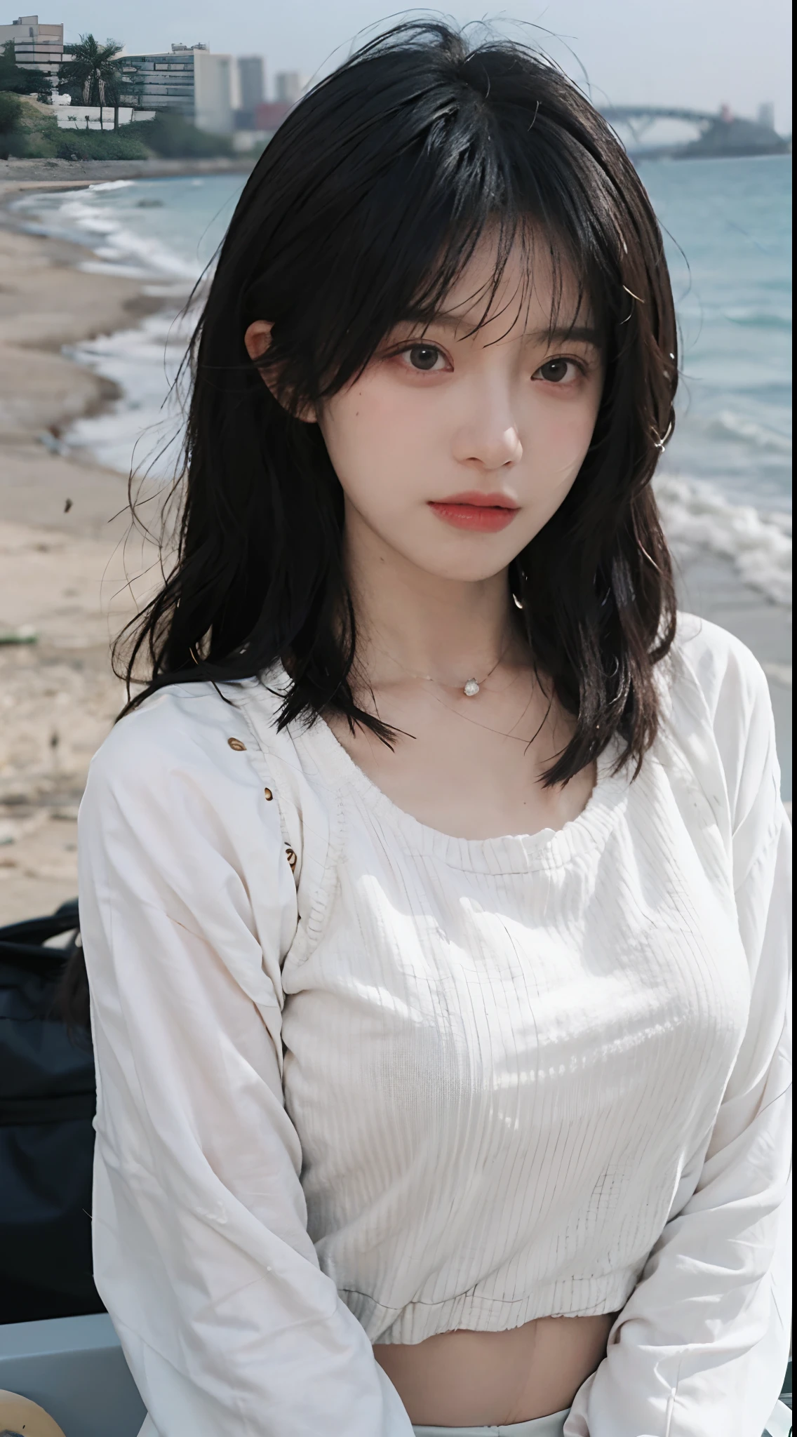 best qualtiy，tmasterpiece，超高分辨率，（realisticlying：1.4），1girll，Large wavy curls，二重まぶた，A pair of peach blossom eyes，Pure，Beautiful，Stunner，choker necklace，adolable，Snow-white translucent skin，head straight-looking at viewer，On the yacht，Full of atmosphere，Pure，leather clothes：1.8，（The upper part of the body：1.4），