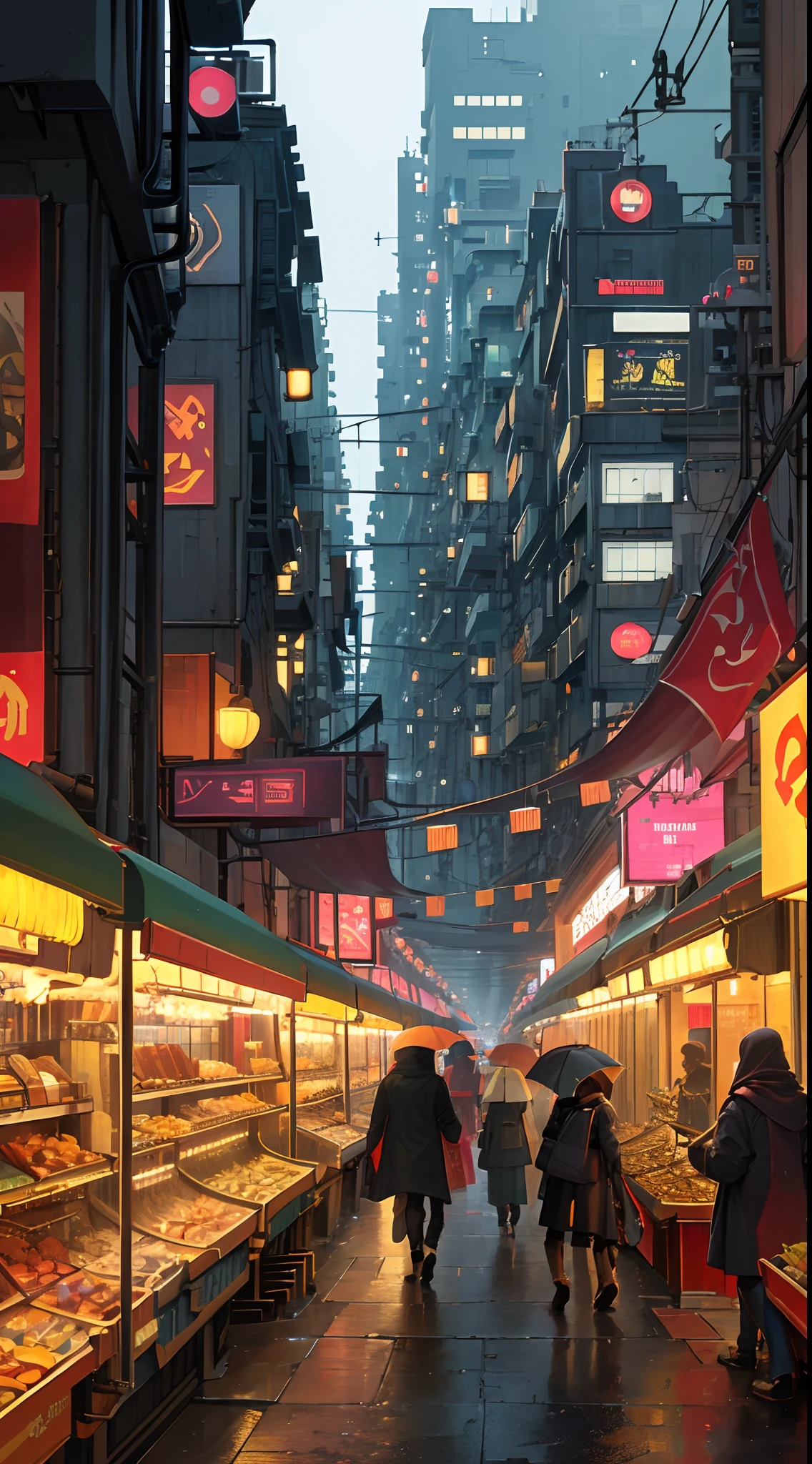 ((masterpiece)),((best quality)),((high detail)),((realistic,)) Futurist era city, architectural streets, bazaars, futuristic train lines, cyberpunk, buildings, night, European city, rainy, neon