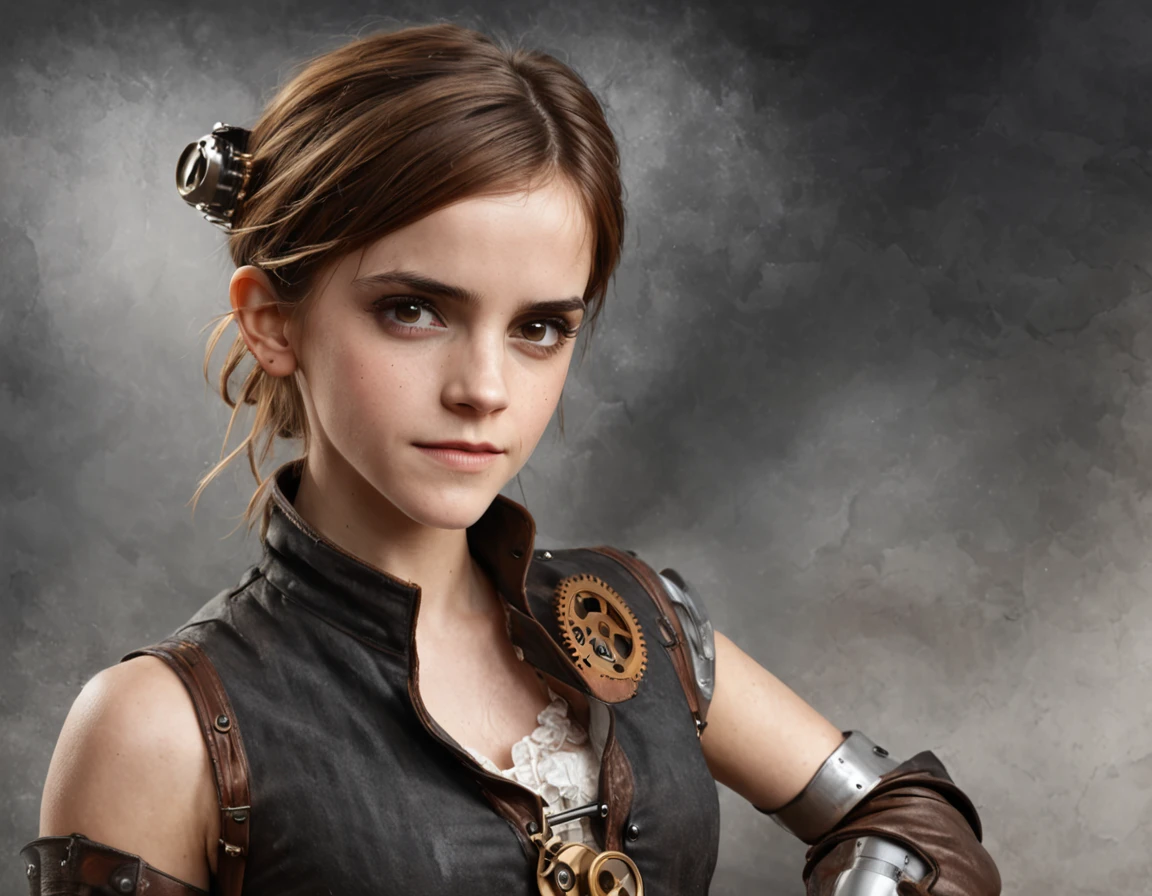 (((Emma Watson))), ::style steampunk, Estilo realista, ::n_style of deformed hands, rosto deformado, Pintura digital, deformed parts, Duas pessoas