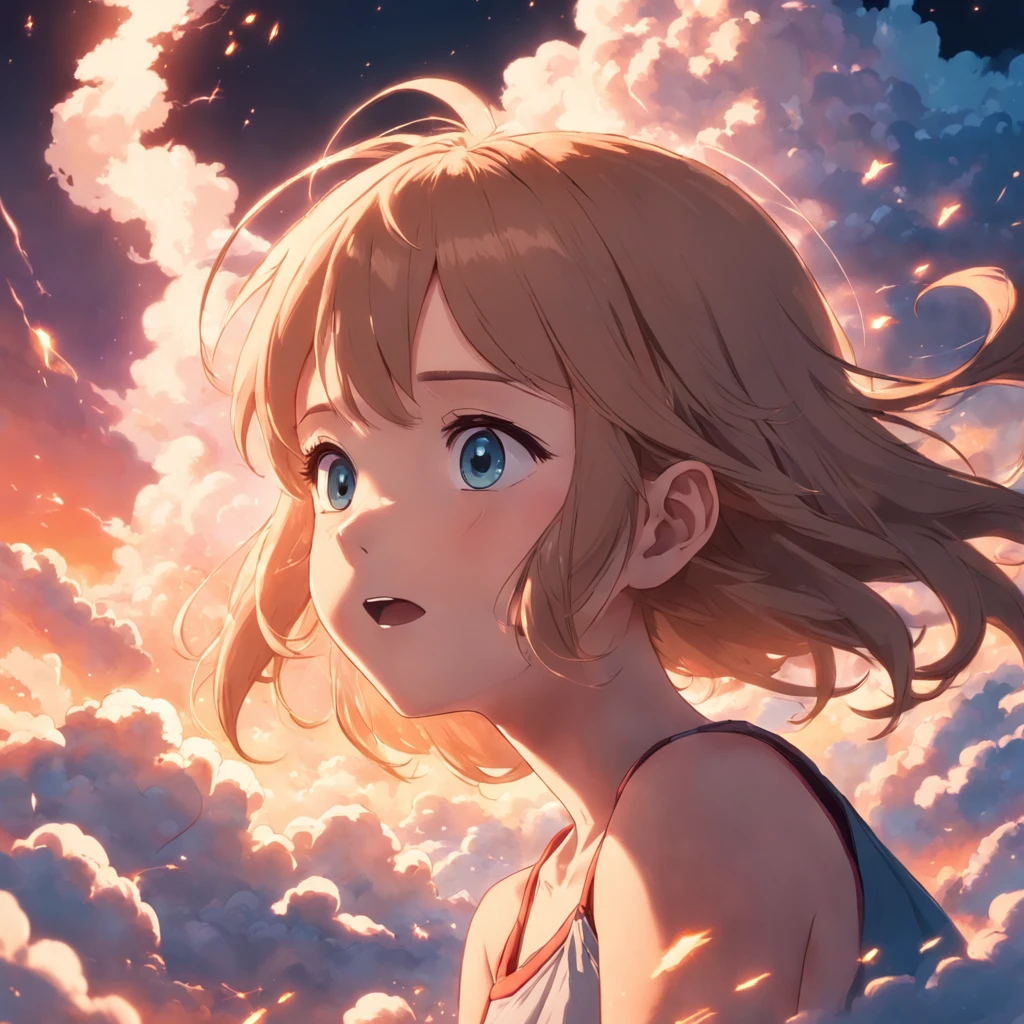 masterpiece, best quality, movie still, 1girl, cloud girl, floating in the sky, close-up, bright, happy, warm soft lighting, sunset, (sparks:0.7)