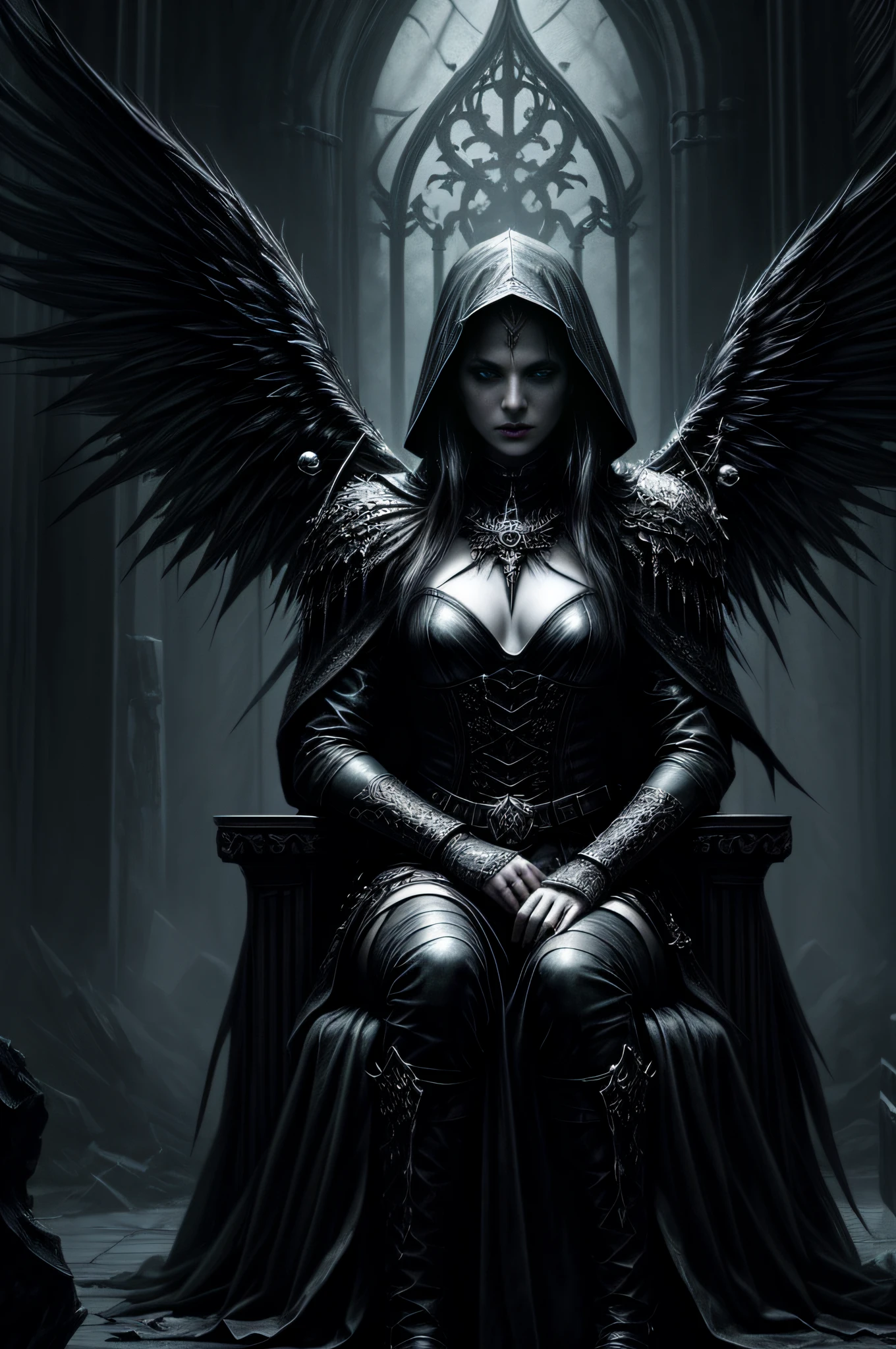 an Archangel sits on a throne, full body, perfect face, staring eyes, freedom, soul, perfect anatomy, centered, approaching perfection, dynamic, highly detailed, ((chilling)), art for dark metal music, dark fantasy horror art, horror fantasy art, fantasy horror art, photorealistic dark concept art, in style of dark fantasy art, lich vecna (d&d), dark fantasy art, detailed 4k horror artwork, stefan koidl inspired, ((stefan koidl)), unique, award winning, masterpiece