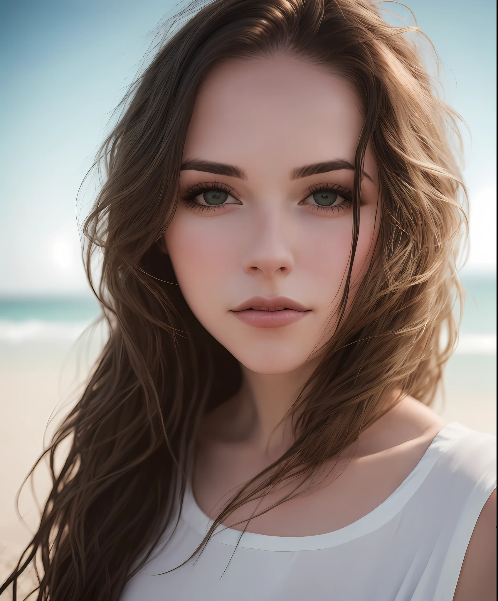 arafed woman with long hair and a white top on a beach, soft portrait shot 8 k, cinematic portrait, 5 0 0 px models, barbara hammer 4 k, portrait shot 8 k, portrait photography 4 k, cinematic beautiful natural skin, close portrait, portrait, stunning closeupheadshot, 50mm portrait, 60mm portrait, closed up portrait
