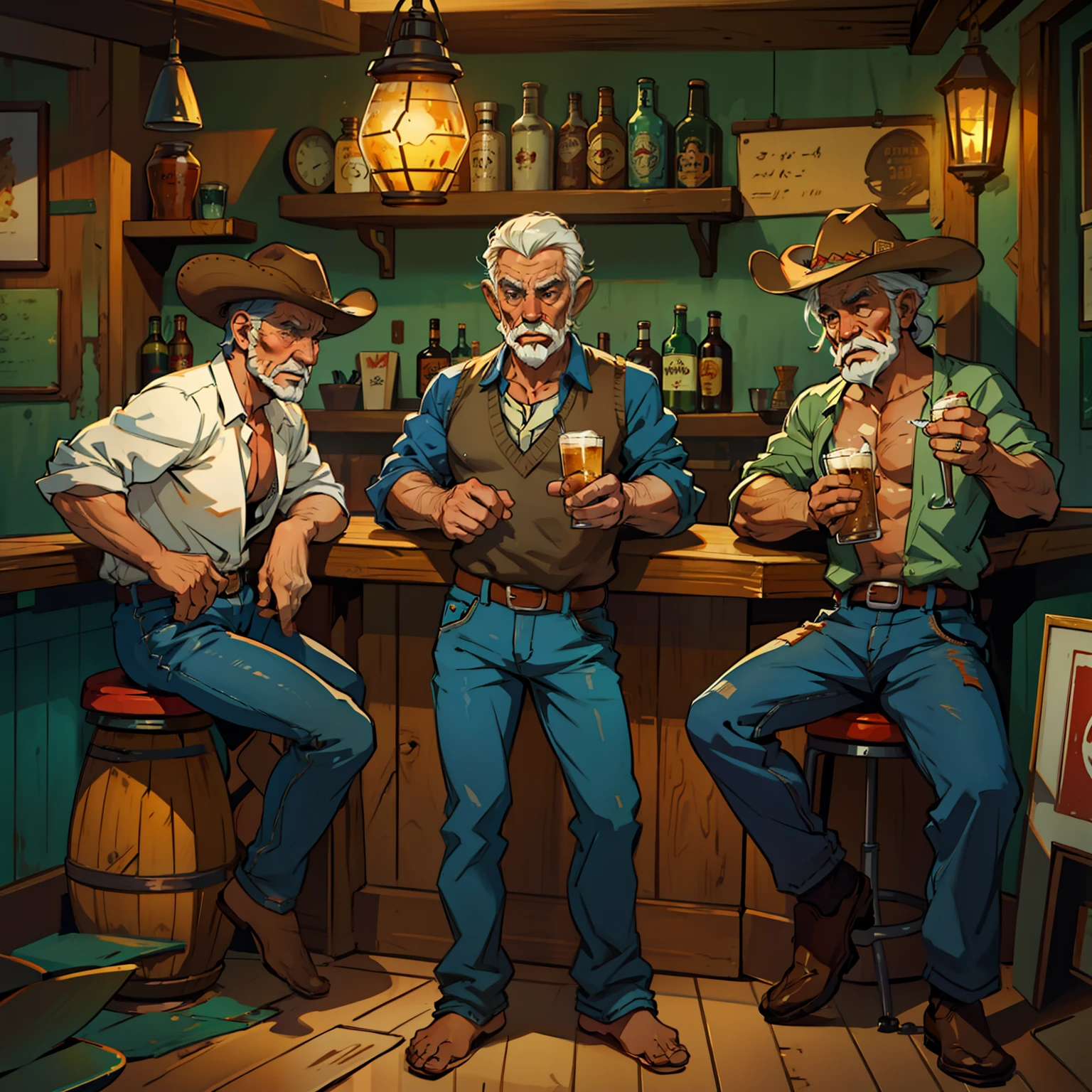 3 old men standing in a bar, tomando cerveja, usando chspeu de cowboy, estilo tex, desenho.