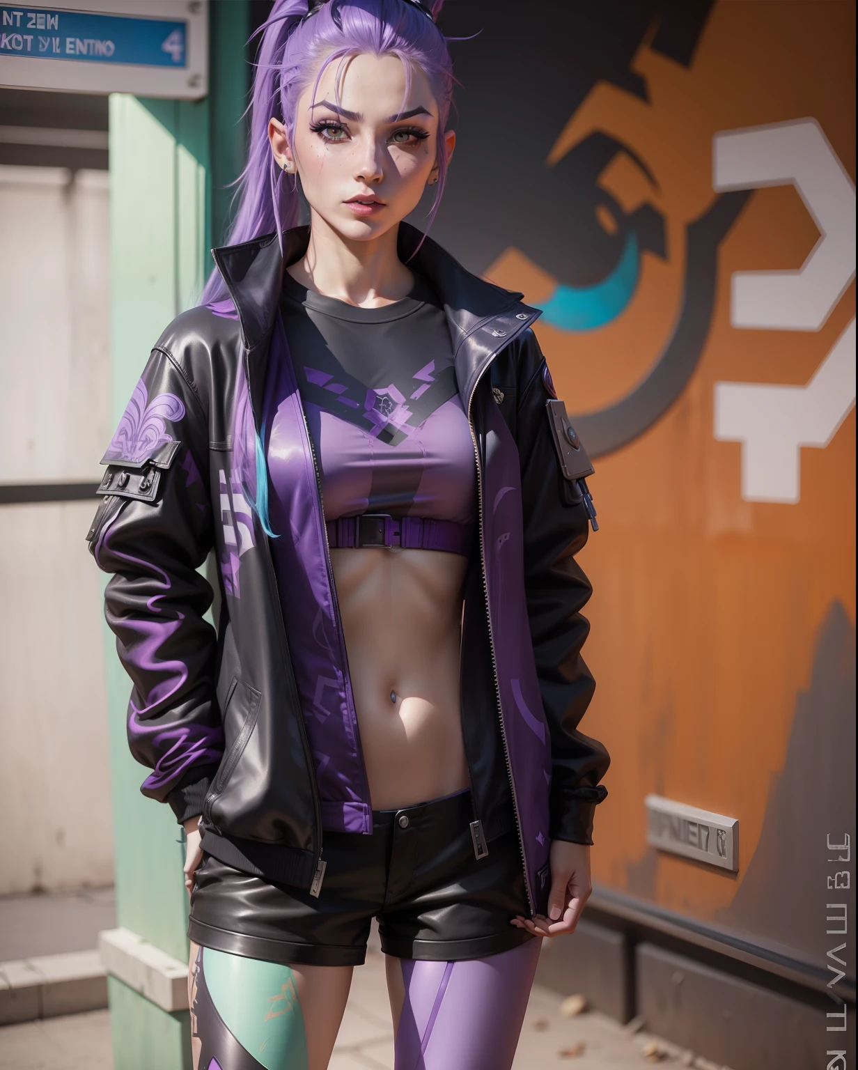 League of Legends, Jinx,Pony Tail,Purple hair,cenario futurista, realismo
