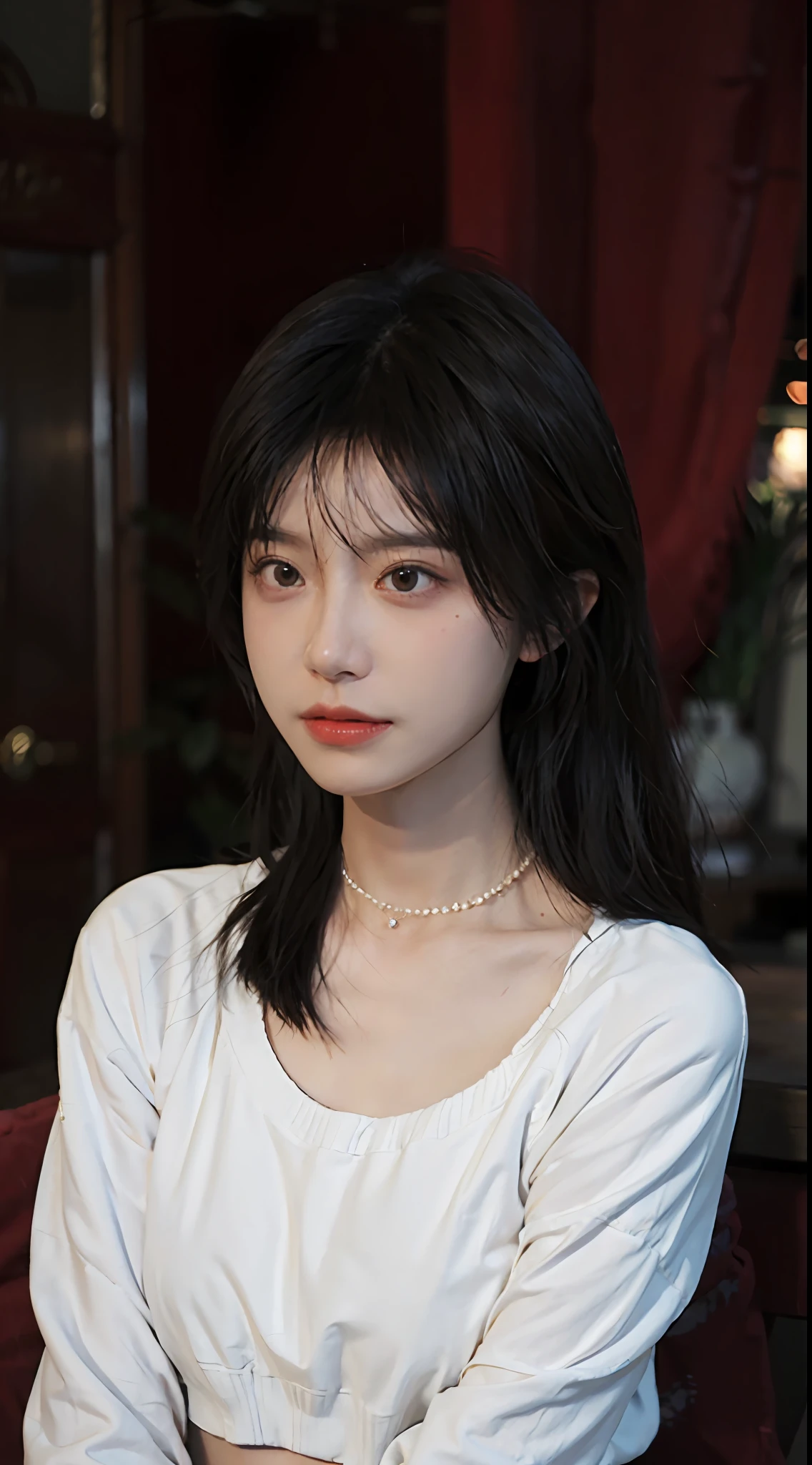 best qualtiy， 超高分辨率， （realisticlying：1.4），cute hairpin，1girll，Red long-haired,Cropped sweater ，Beautiful woman with a slim figure:1.4, Pronounced abs:1.4, On the island,Ultra-fine face，Elaborate Eyes，二重まぶた，choker necklace