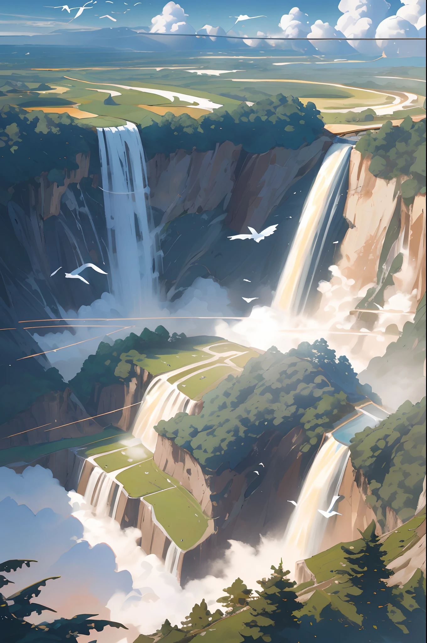 Flying on the cliff, above the very high waterfall, look down on the fluctuating pond, high sunlight, blue sky, white cloud, birds, forest, trees, 8K, masterpiece, best quality, high resolution, extremely full detailed