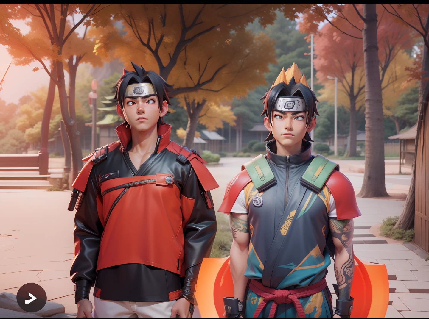 3d blander, high resolution, high detailed, colorful vibes, cinematography, konoha gakure, naruto vibes, super saiyan aura