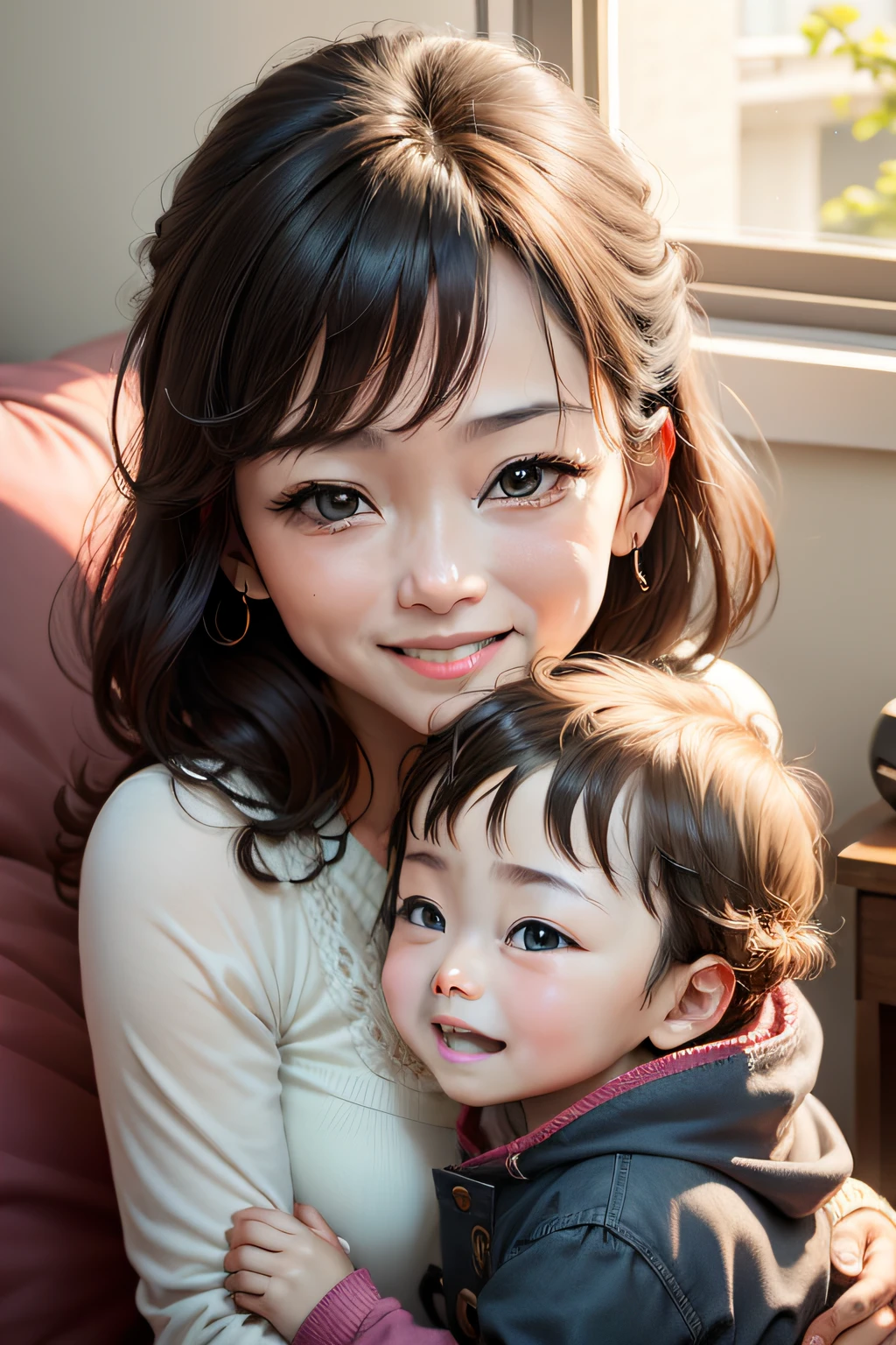 Mom、Looking at the child's face and smiling