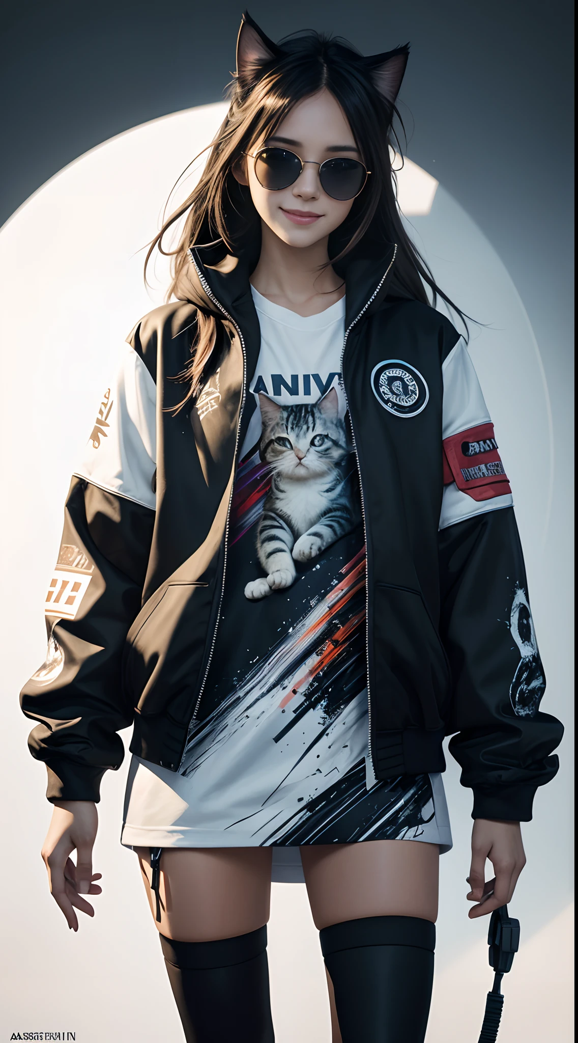 Perfectly-centered, a fullbody cute kitten, wearing a student varsity jacket, wearing sunglasses, wearing headphones, big smile, standing position, abstract beauty, centered, looking at the camera, facing the camera, approaching perfection, dynamic, moonlight, highly detailed, digital painting, artstation, concept art, smooth, sharp focus, 8k, HD resolution, illustration, art by Carne Griffiths and Wadim Kashin, white background --auto