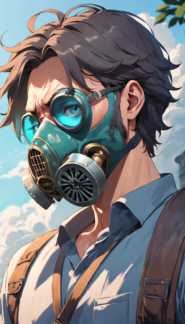 a man with a gas mask and glasses on his face, - illustration style, pai hipster, Epic portrait illustration, wearing a gas mask, cabelo amarrado feito coque escrito na blusa vikings pinturas