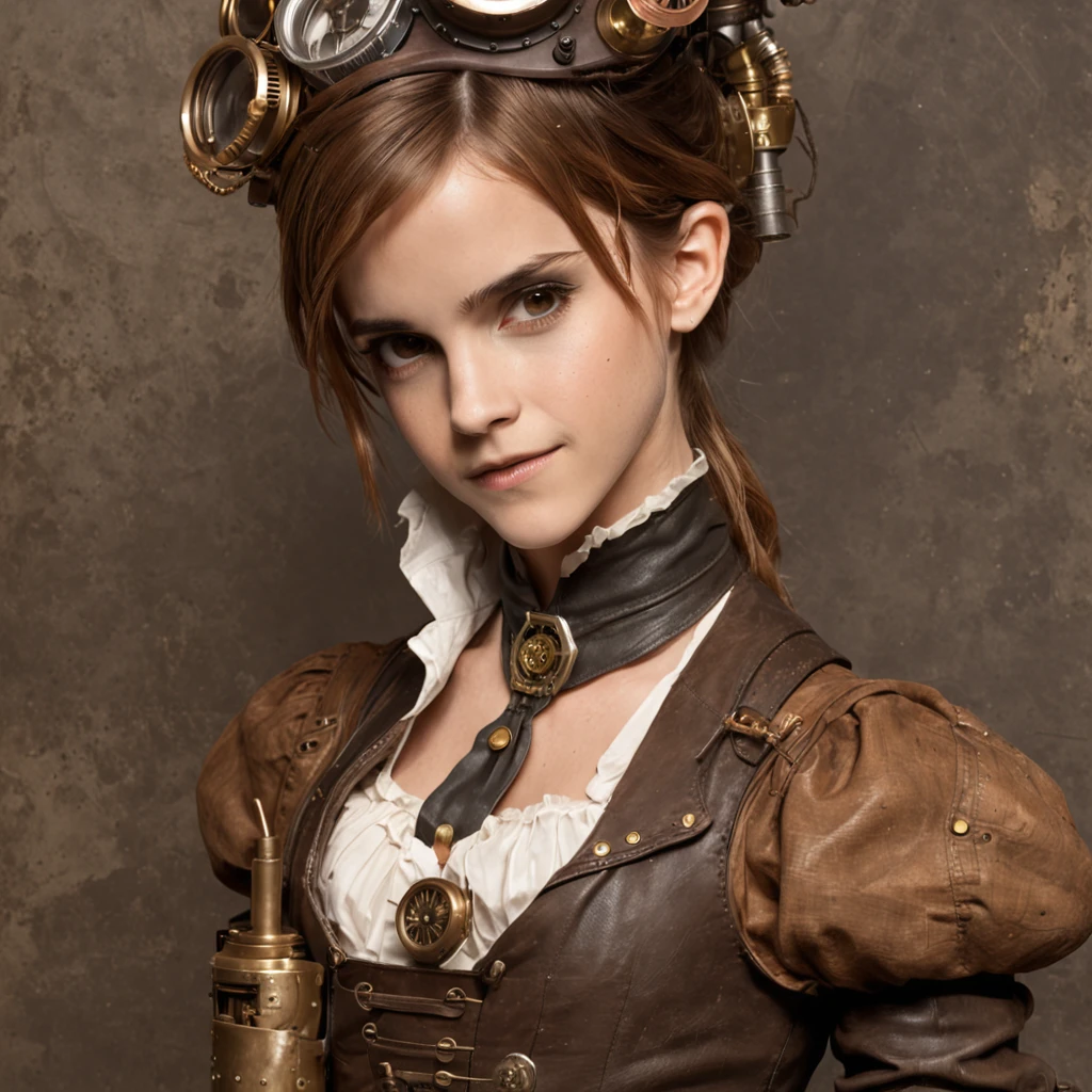 Emma Watson como uma mulher steampunk, ::style steampunk, Estilo realista, ::n_style pintura digital, Deformed parts, rosto deformado, deformed hands