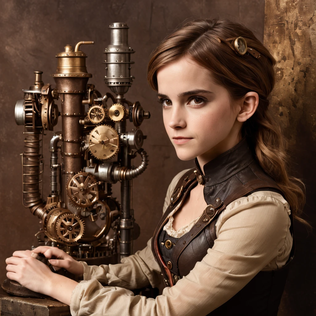 Emma Watson como uma mulher steampunk, ::style steampunk, Estilo realista, ::n_style pintura digital, Deformed parts, rosto deformado, deformed hands
