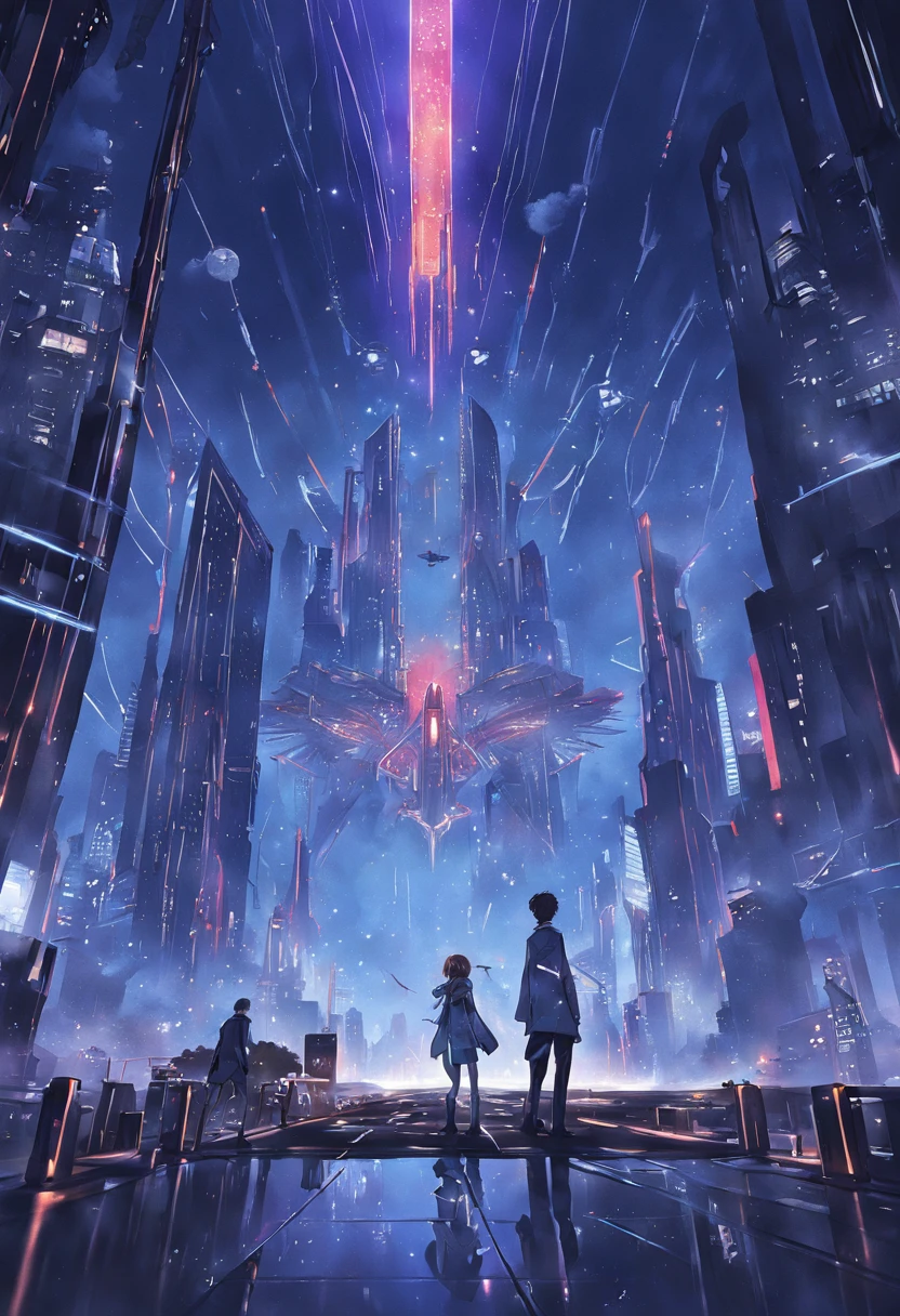 Develop an intriguing book cover for a science fiction novel. The scene depicts a futuristic city at night, with glittering skyscrapers and flying cars crisscrossing the dark sky. No centro da capa, A pair of protagonists look at the city from a terrace, exchanging a look full of hope and mystery. The title of the book, "Horizons Beyond," deve ser exibido em letras elegantes que se misturam com as luzes da cidade. A paleta de cores consiste principalmente de azuis escuros, roxos profundos, e detalhes em neon. This is a portrait of the relationship of the characters and the possibilities of the world around them. detailed digital illustration, --AR 16:9 --V 5.