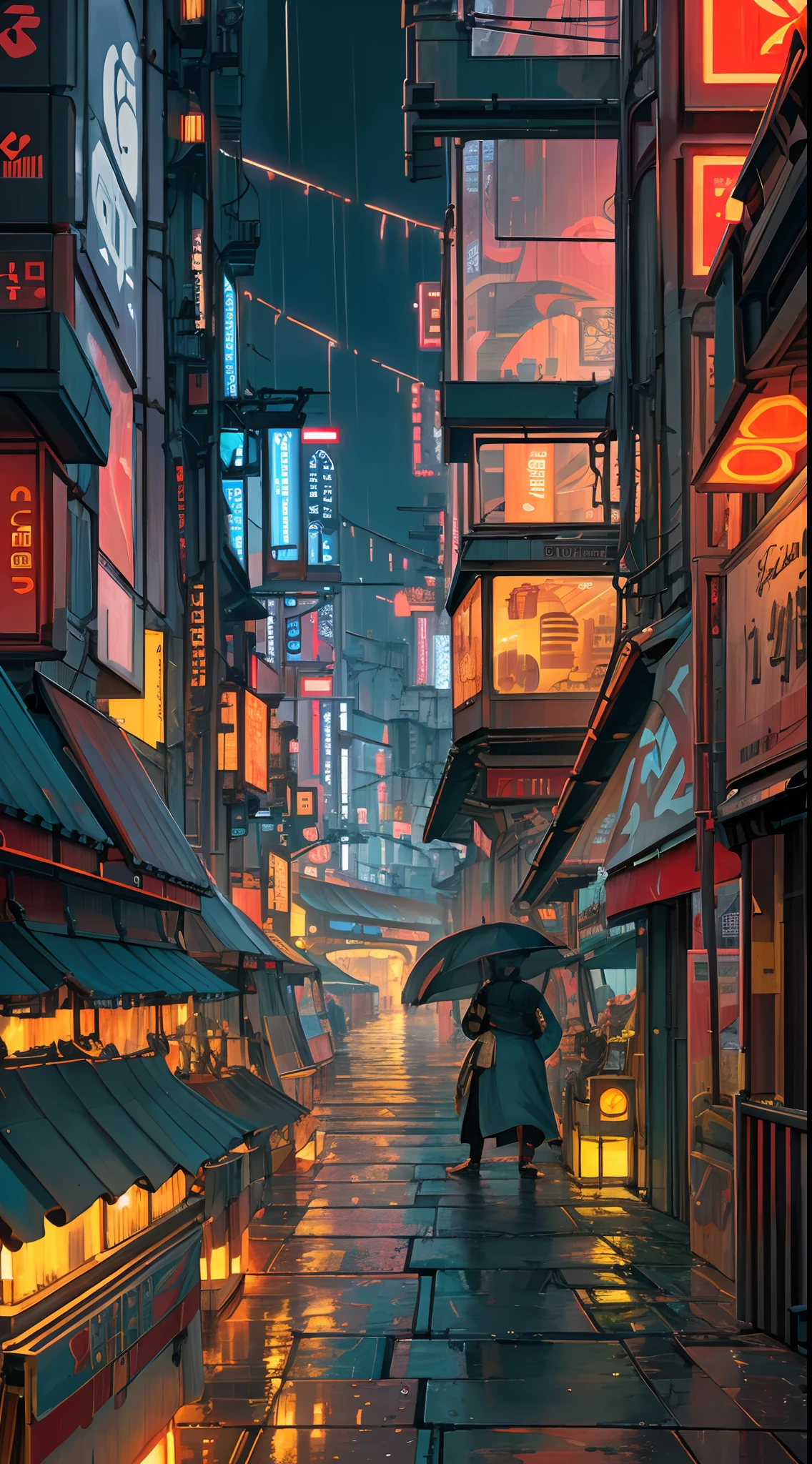 ((masterpiece)),((best quality)),((high detail)),((realistic,)) Futurist era city, architectural streets, bazaars, futuristic train lines, cyberpunk, buildings, night, European city, rainy, neon