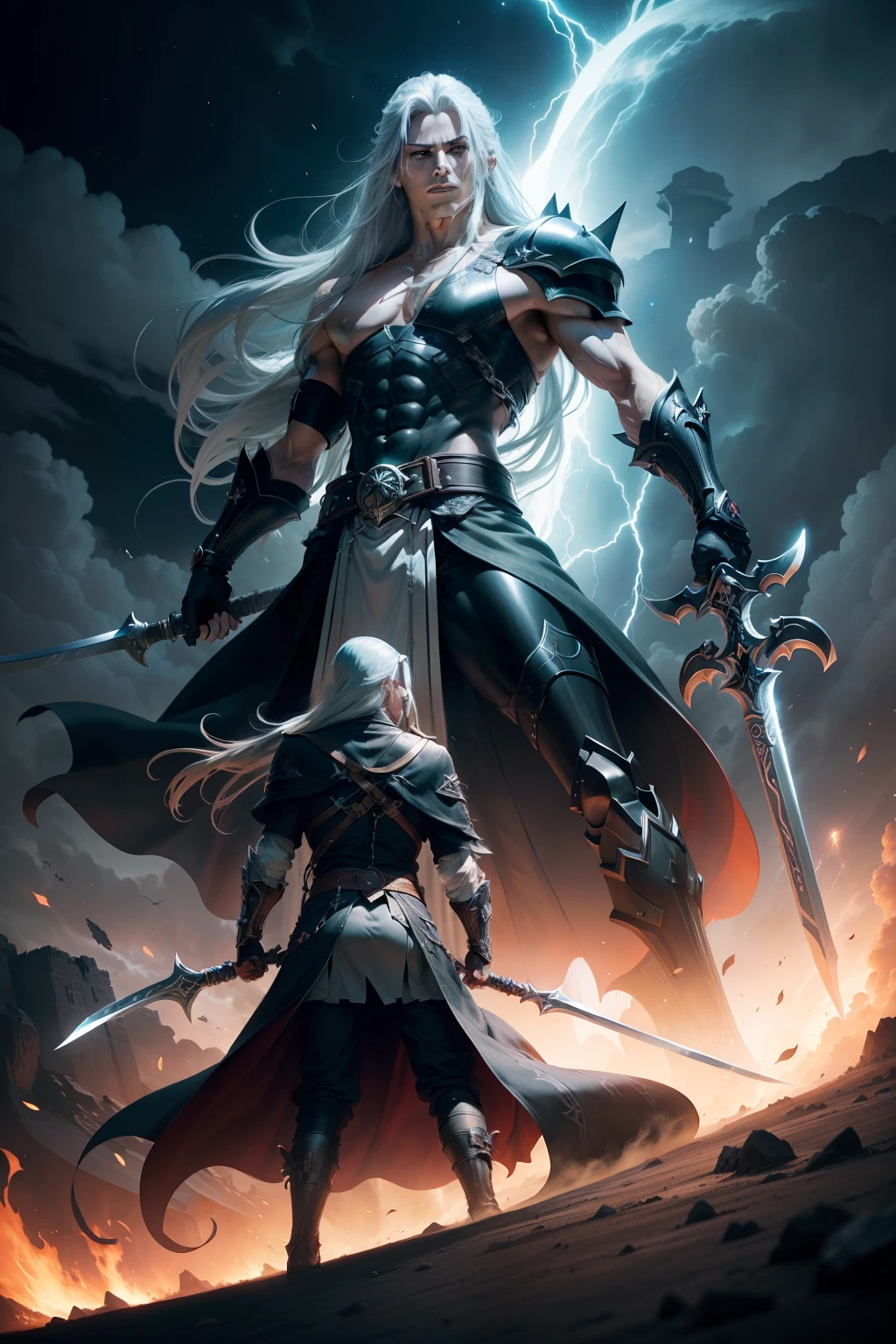 In a vibrant animated depiction, witness the fierce clash between Bittonio and Sephiroth. Bittonio, a towering immortal born of lightning and snow, commands the stage. With long black hair billowing like shadows and fiery red eyes blazing, his confident stance exudes power. Dressed in form-fitting black attire and a leather vest, he wields a katana and revolver.
Opposite him, Sephiroth stands, an enigmatic adversary. Tall and commanding, his silver hair flows like moonlight, contrasting his intense green eyes. Draped in dark robes, Sephiroth wields a colossal sword, emanating a chilling aura.
Amidst the cosmic battleground, lightning splits the sky as Bittonio's lightning strikes meet Sephiroth's dark powers. Their clash illuminates the scene: Bittonio's agility and strength versus Sephiroth's time manipulation and immense sword. Explosions of energy and deft moves paint the canvas as they duel with unwavering determination.
The battle's intensity reflects in their expressions; Bittonio's focused resolve and Sephiroth's smirking confidence. The environment, a blend of fantastical elements, enhances the spectacle. Ancient ruins and swirling cosmic energies create an immersive backdrop for this cosmic duel. , this animated scene encapsulates Bittonio and Sephiroth's battle, their physicality, and the grandeur of their confrontation, leaving an indelible impression.