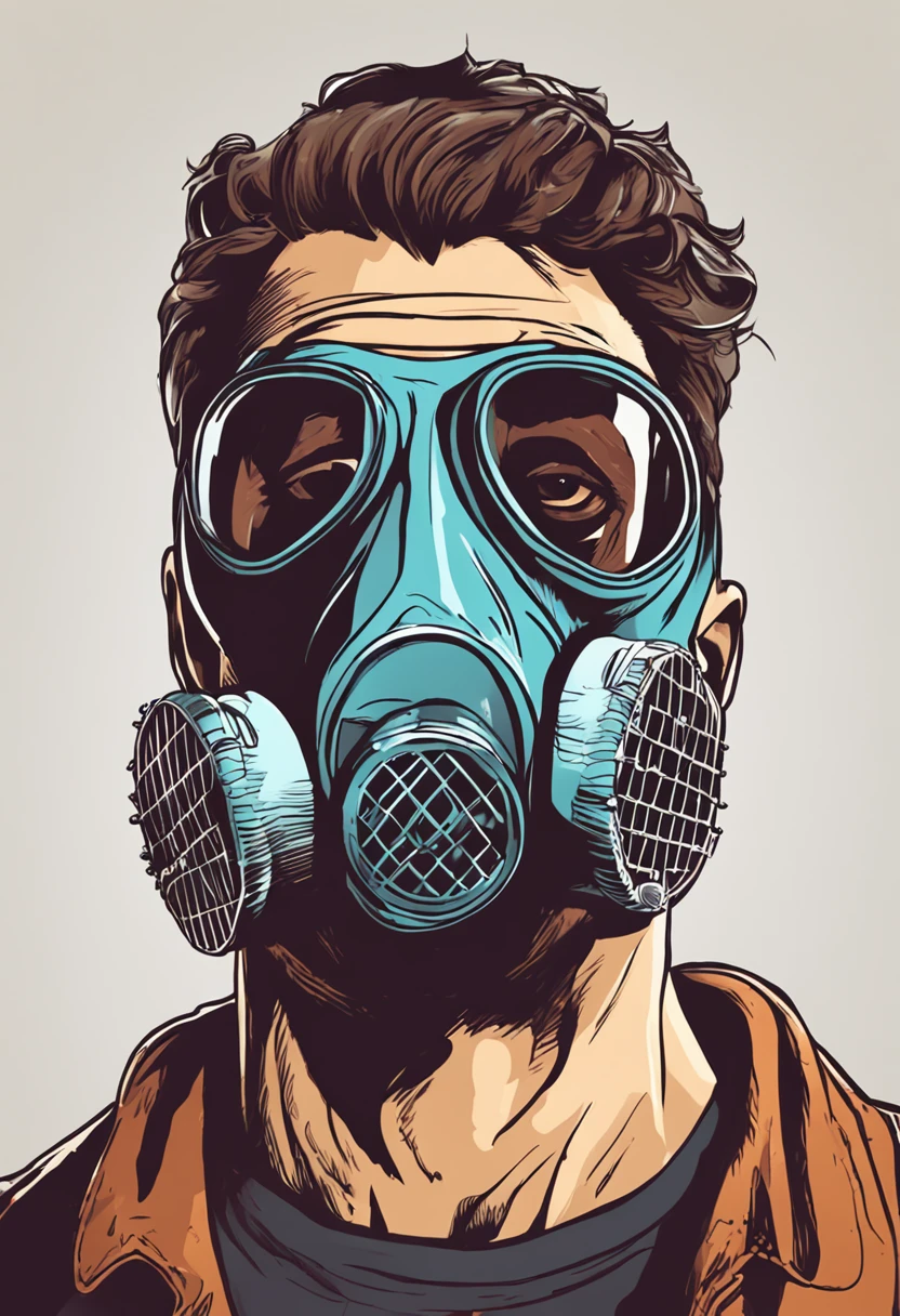 a man with a gas mask and glasses on his face, - illustration style, pai hipster, Epic portrait illustration, wearing a gas mask, cabelo amarrado feito coque escrito na blusa vikings pinturas