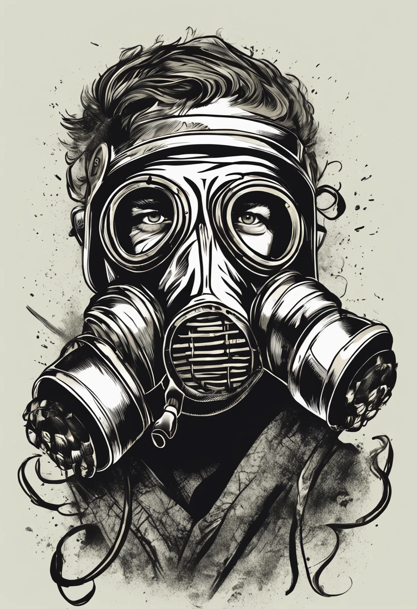 a man with a gas mask and glasses on his face, - illustration style, pai hipster, Epic portrait illustration, wearing a gas mask, cabelo amarrado feito coque escrito na blusa vikings pinturas