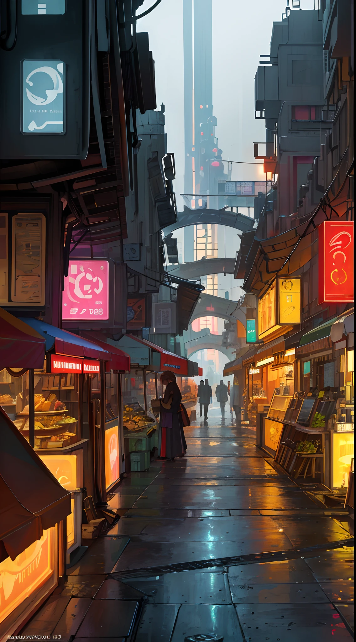 ((masterpiece)),((best quality)),((high detail)),((realistic,)) Futurist era city, architectural streets, bazaars, futuristic train lines, cyberpunk, buildings, night, European city, rainy, neon
