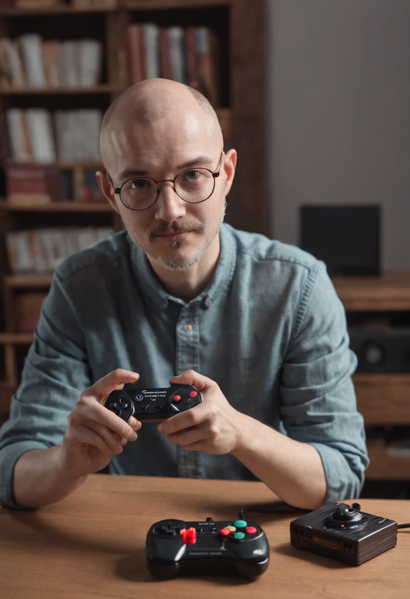 man with glasses shaved hair, curto, barbudo, olhos, Holding a retro video game controller. Visual style is a combination of pixel art and manual illustration. he's in his room, Decorated with posters of classic games and shelves full of old consoles. The atmosphere is nostalgic and welcoming, with soft light from a desk lamp. Artistic representation on paper, --auto --s2