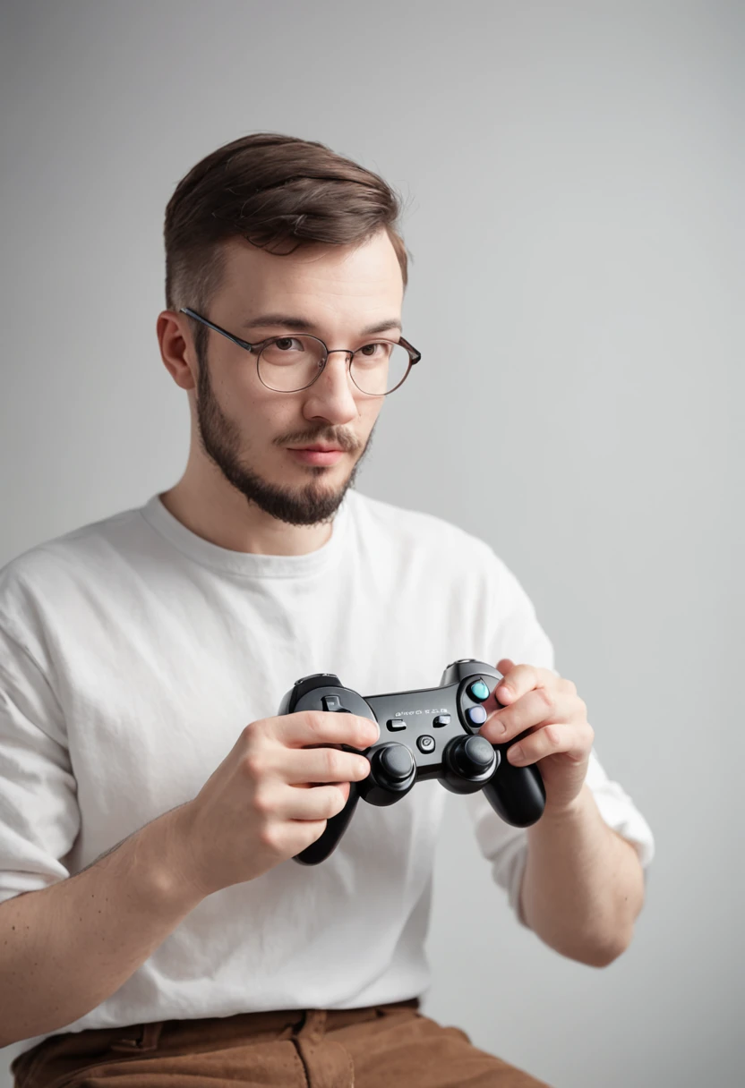 man with glasses shaved hair, curto, barbudo, olhos, Holding a retro video game controller. Visual style is a combination of pixel art and manual illustration. he's in his room, Decorated with posters of classic games and shelves full of old consoles. The atmosphere is nostalgic and welcoming, with soft light from a desk lamp. Artistic representation on paper, --auto --s2