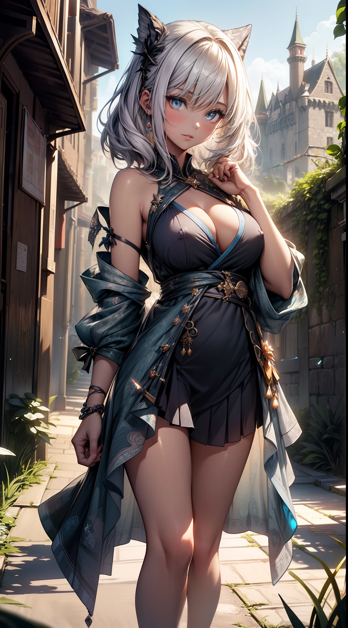 peasant girl, 1girl, perfect and well designed shiny eyes, (beautiful detailed eyes:1.05), (big breasts), (standing nipples under cloth:1.2), slim body, beautiful and delicate face, (face detail), fair skin, detailed skin, realistic skin, medium length hair, hair voluminous, super high resolution, 8k, parameters Best quality, (masterpiece:1.4), (magic accessories:1.4), white extremely detailed ((pleated skirt dress:1.3),(silk summer minidress:1.3), lacy, (wrap dress:1.5)), {(lycra camisole:1.3)|(lycra kimono:1.4)}, (light wrap clothing:1.4), (neckline:1.3), (cleavage), naked collarbone, (navel), ultra detailed, photorealistic, (best quality:1.4), super high resolution, (Realistic 1.4), More details, (portrait, full body), (((1girl))), (witchcraft:1.3), magic energy flows and sparkles, {((castle, stronghold) city:1.2)|hills|((vegetation:1.2) fields with village on background:1.1)}, large runic stones, (beautiful and aesthetic:1.2), (fractal art:1.4), (cinematic light:1.1), 16K, HDR, RTX, Ray Tracing, Radiosity, Anisotropic Filtering, Subsurface Scattering, (magic lights), futuristic, metallic reflections, vibrant colors