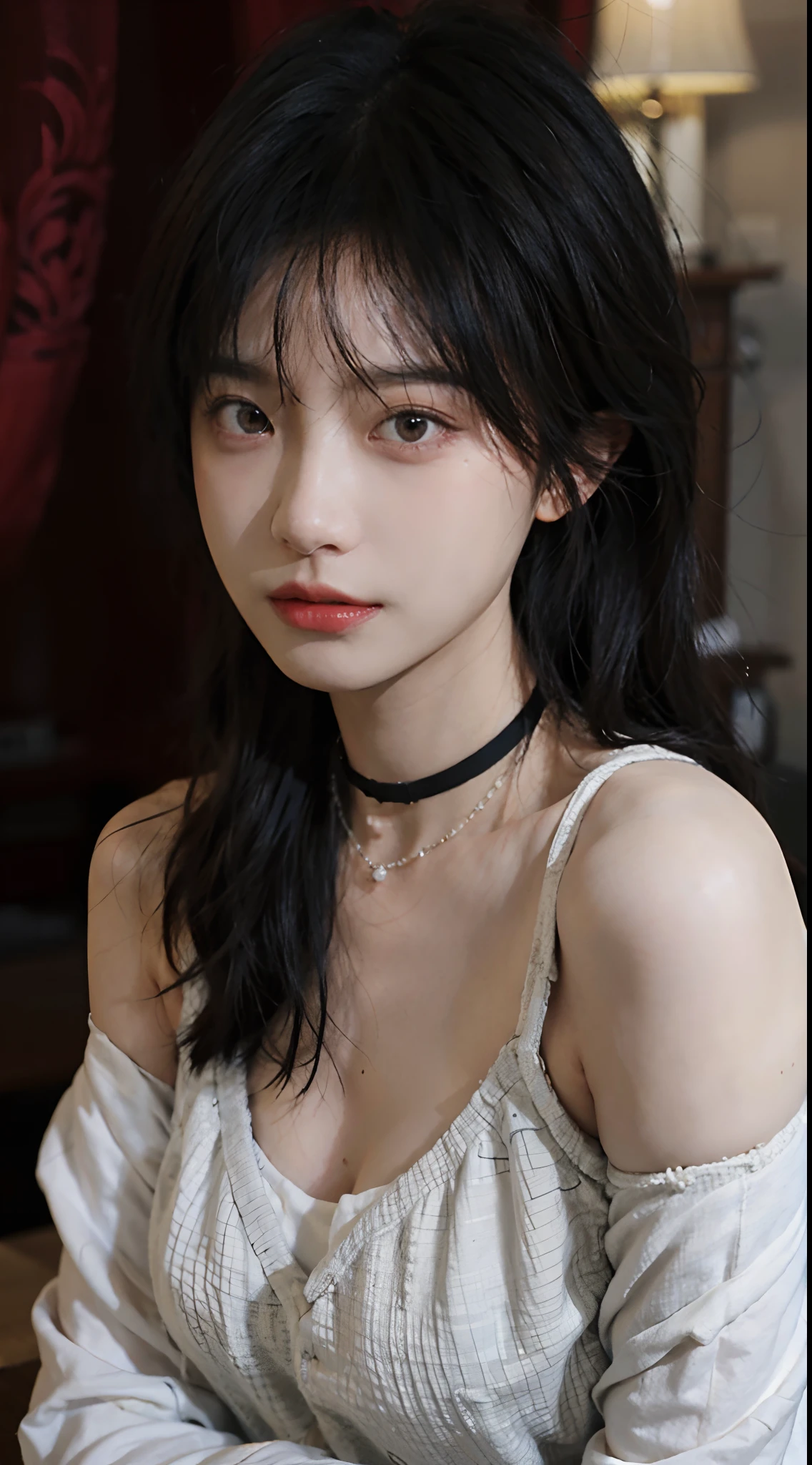 best qualtiy, 超高分辨率, (realisticlying:1.4),Baoyu Girl,1girll, with long coiled hair,Looking into the distance,nedium breasts,Cropped red sweater,a sense of atmosphere,Beautiful woman with a slim figure:1.4, Abs,Ultra-fine face,Elaborate Eyes,二重まぶた,choker necklace