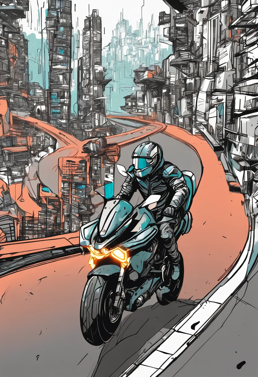 Arte Fotorrealista, motocicleta futurista, design elegante, Tecnologia de ponta, Dynamic angles, Cavaleiro em armadura de alta tecnologia, olhar intenso, inclinando-se para uma curva, fundo da paisagem urbana da cidade, neon-lit streets, pavimento encharcado pela chuva, reflections on the wet surface, dramatic lighting, Pulso da cidade capturado, cinematic feel, Lente 85mm, Sony A7III, profundidade de campo rasa, Vibrant color grading, post-apocalyptic vibe, energia alimentada por adrenalina.