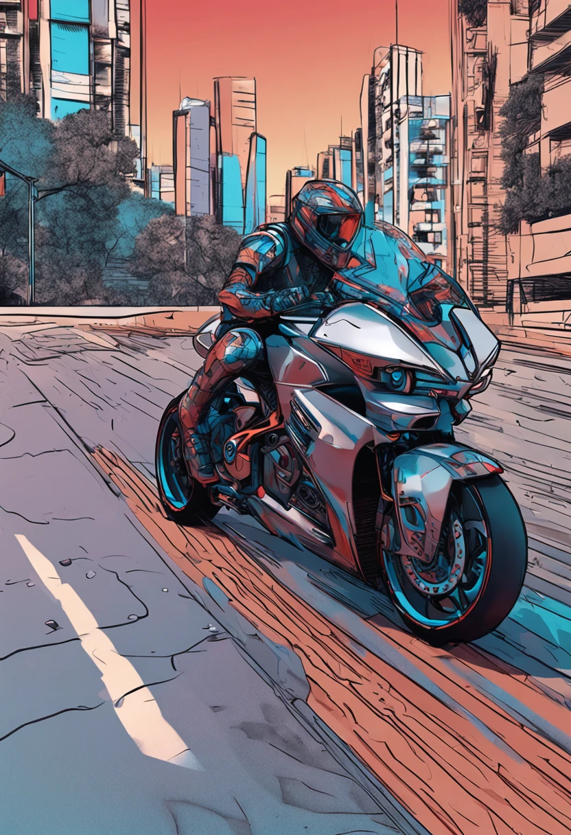 Arte Fotorrealista, motocicleta futurista, design elegante, Tecnologia de ponta, Dynamic angles, Cavaleiro em armadura de alta tecnologia, olhar intenso, inclinando-se para uma curva, fundo da paisagem urbana da cidade, neon-lit streets, pavimento encharcado pela chuva, reflections on the wet surface, dramatic lighting, Pulso da cidade capturado, cinematic feel, Lente 85mm, Sony A7III, profundidade de campo rasa, Vibrant color grading, post-apocalyptic vibe, energia alimentada por adrenalina.