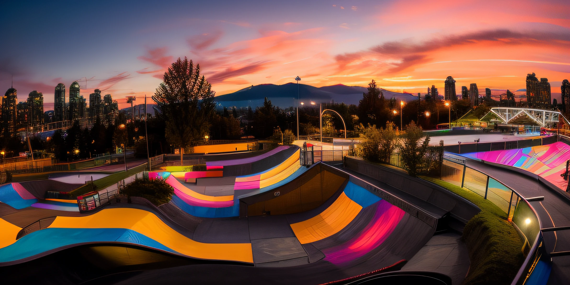brightly lit skate park with colorful ramps and a city skyline, unsplash contest winning photo, vancouver, skate park, skatepark, skatepark in flames, unsplash photo contest winner, unsplash contest winner, at a skate park, artist unknown, jen bartel, rainbow road, sunset!, trending on 500px, trending on 5 0 0 px, sunset glow