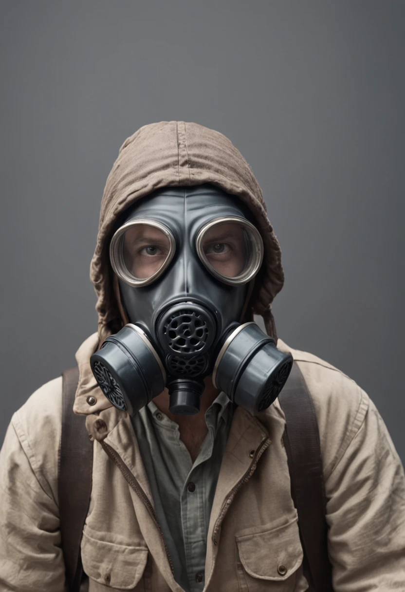 a man with a gas mask and glasses on his face,cabelo amarrado - illustration style, pai hipster, Epic portrait illustration, wearing a gas mask, cabelo amarrado feito coque escrito na blusa vikings pinturas, cabelo amarrado