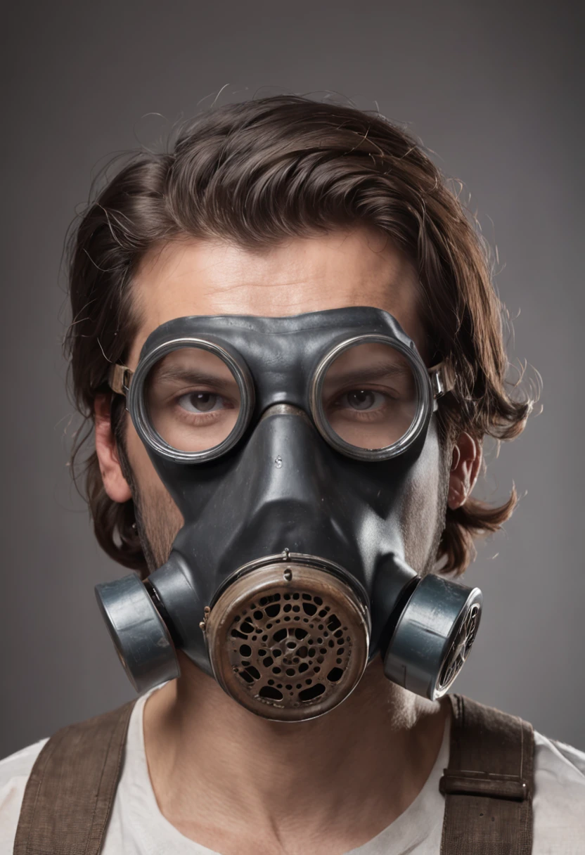 a man with a gas mask and glasses on his face,cabelo amarrado - illustration style, pai hipster, Epic portrait illustration, wearing a gas mask, cabelo amarrado feito coque escrito na blusa vikings pinturas, cabelo amarrado