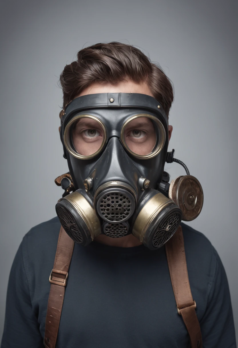 a man with a gas mask and glasses on his face,cabelo amarrado - illustration style, pai hipster, Epic portrait illustration, wearing a gas mask, cabelo amarrado feito coque escrito na blusa vikings pinturas, cabelo amarrado