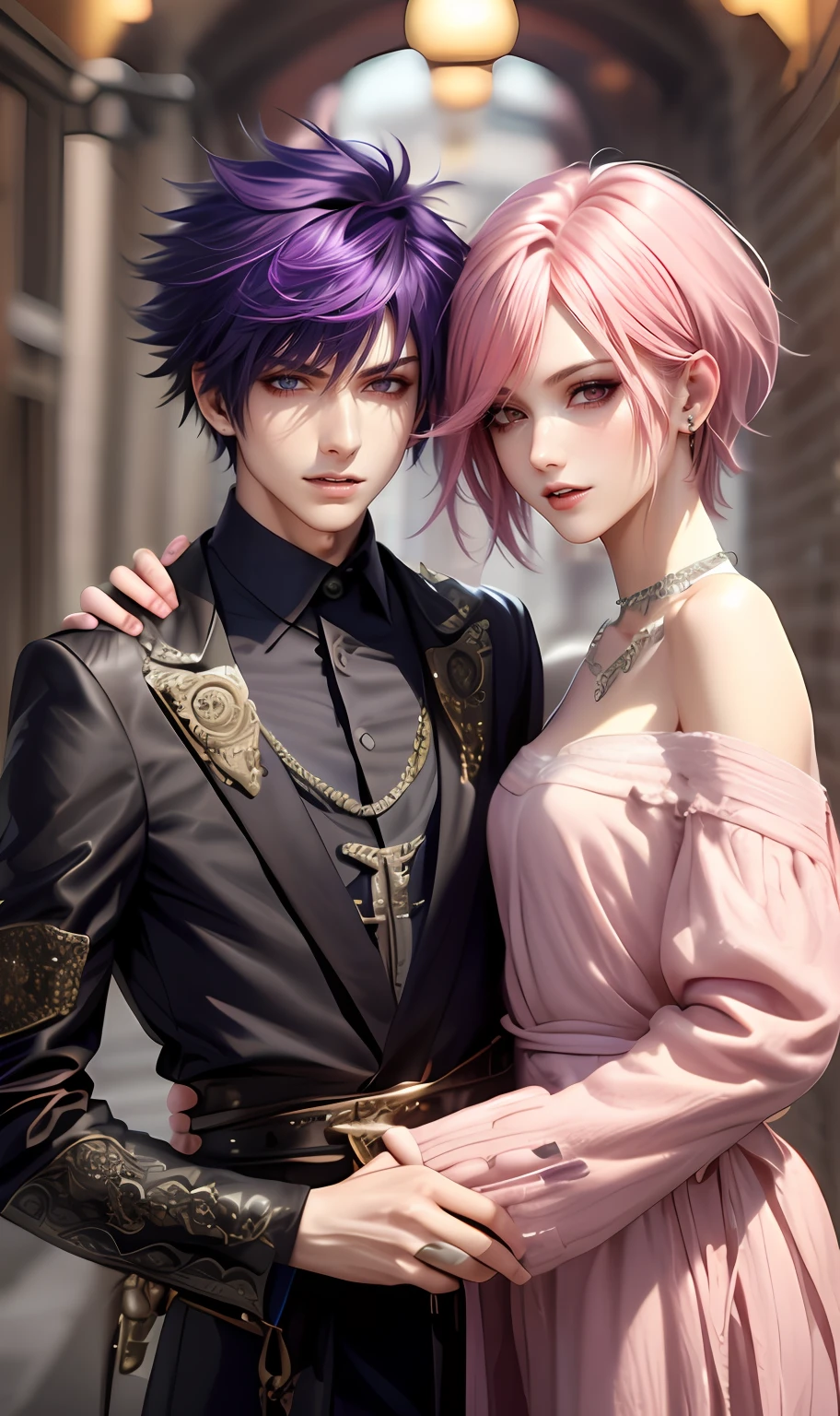 masterpiece, top-quality, 2Others, Male and female couples, 1 man and 1,, Adults, Height difference, different color, finely eye and detailed face, intricate detailes, Casual clothing, window, A smile, Happiness, tenderness, husband and wife, high-level image quality、 selfee, Beautiful men and women、tall、The upper part of the body、nightfall、Hand in hand, nighttime scene、𝓡𝓸𝓶𝓪𝓷𝓽𝓲𝓬、Korea person, Idol Photos, k pop, Professional Photos, Vampires, Korean fashion in black and white, Fedoman with necklace, inspired by Sim Sa-jeong, androgynous vampire, :9 detailed face: 8, extra detailed face, detailed punk hair, ((eyes are brown)) baggy eyes, Seductive. Highly detailed, semi realistic anime, Vampires, hyperrealistic teen, delicate androgynous prince, imvu, short hair above the ears, Man with short hair, Woman with long hair, With a purple-haired man with a wild expression, Pink hair woman with gentle expression, ((With a short-haired man with bright purple hair)), ((Woman with long pink hair below waist))