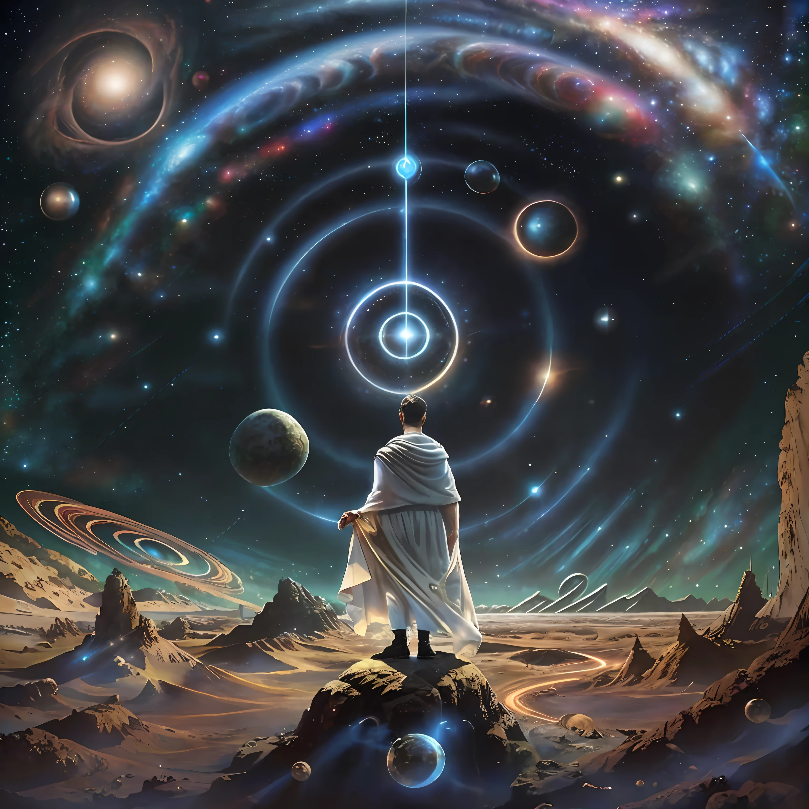 God, gigantic, enlightened man, 60 years old, guardian of the galaxies, wrapped in a white and gold veil atop a planet in front of a spiral vortex with a background of galaxies, magic portal in the sky, Brilliant magical time portal, altamente detalhada em 32k, hiper detalhado, hyper sharp, hiper realista, hiper intrincado, estilo foto realismo