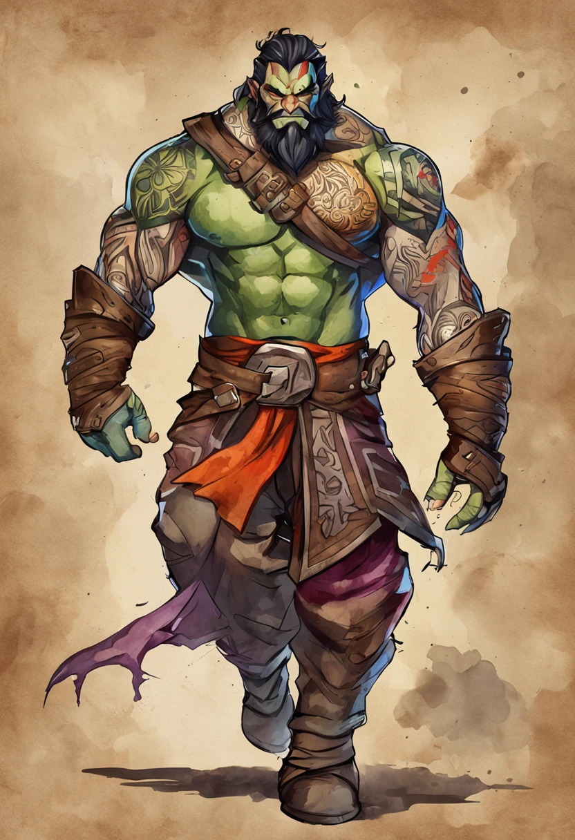design circular, t-shirt design, orc 2D illustration, epic lighting, Realistic, cinematographic, dark background, colors, --v 5.1 --stylize 500 --ar 3:4