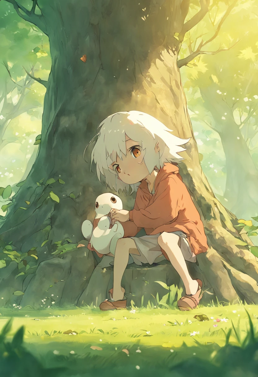 (((fofo pequeno narigudo com olhos fofos+可爱+encantador)):1.2,cabelo branco,Chapéu the doing,roupa de doende,small foot, sitting on the grass floor,mushroom on the head,trees behind)