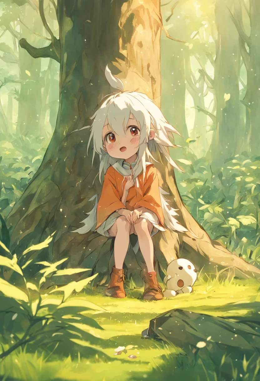 (((fofo pequeno narigudo com olhos fofos+可爱+encantador)):1.2,cabelo branco,Chapéu the doing,roupa de doende,small foot, sitting on the grass floor,mushroom on the head,trees behind)