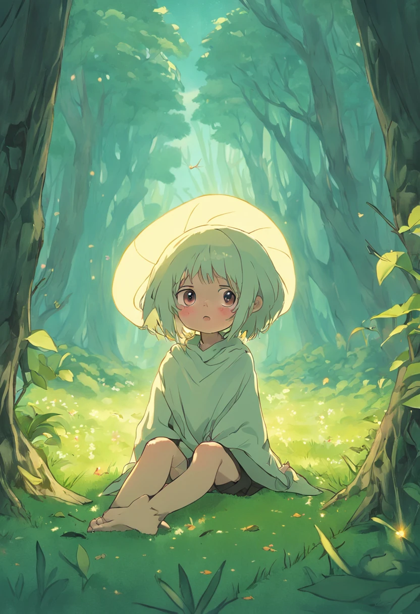 (((fofo pequeno narigudo com olhos fofos+可爱+encantador)):1.2,cabelo branco,Chapéu the doing,roupa de doende,small foot, sitting on the grass floor,mushroom on the head,trees behind)