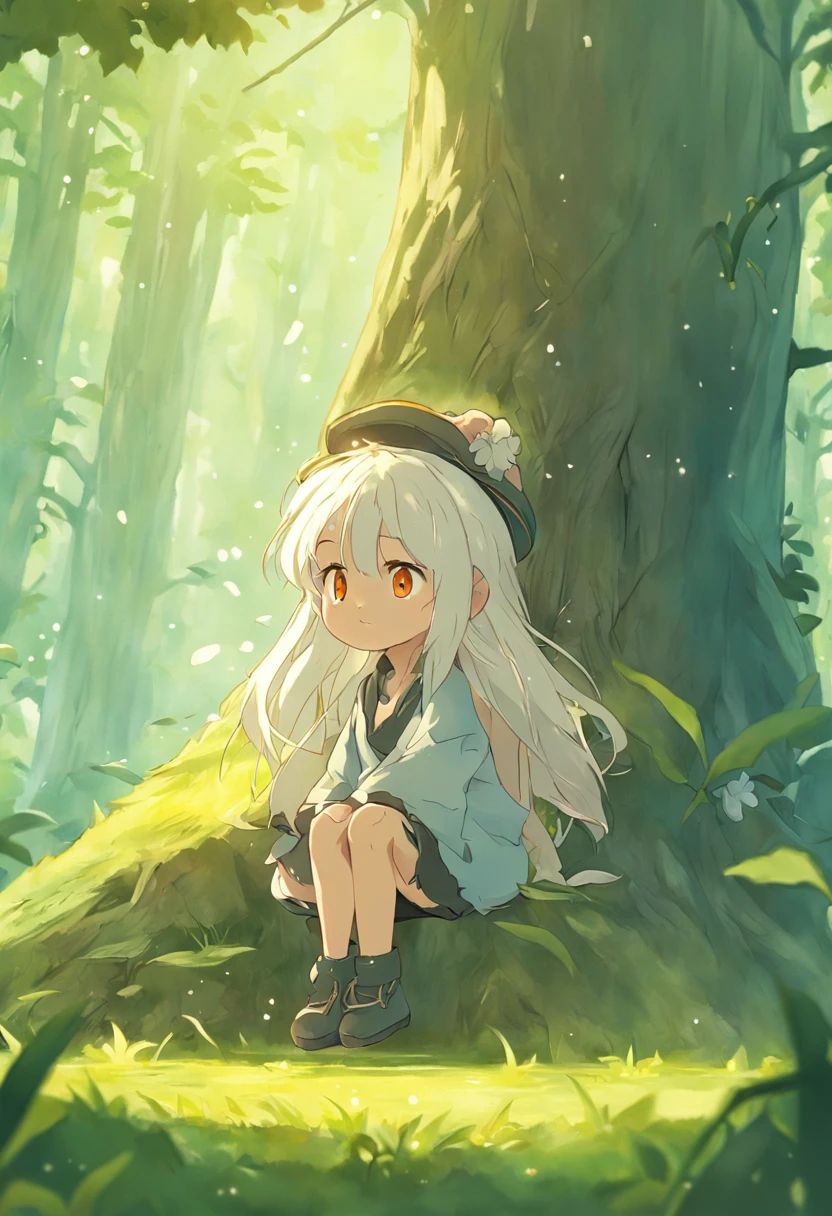 (((fofo pequeno narigudo com olhos fofos+可爱+encantador)):1.2,cabelo branco,Chapéu the doing,roupa de doende,small foot, sitting on the grass floor,mushroom on the head,trees behind)